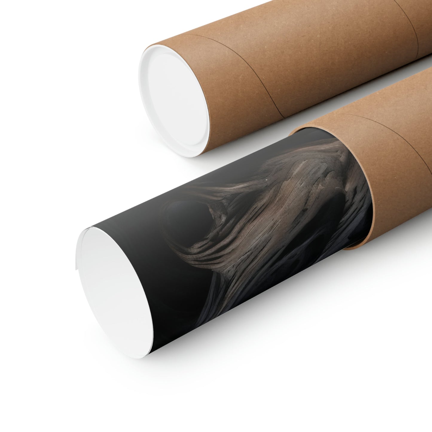 Two rolls of brown paper with a black and white image on them