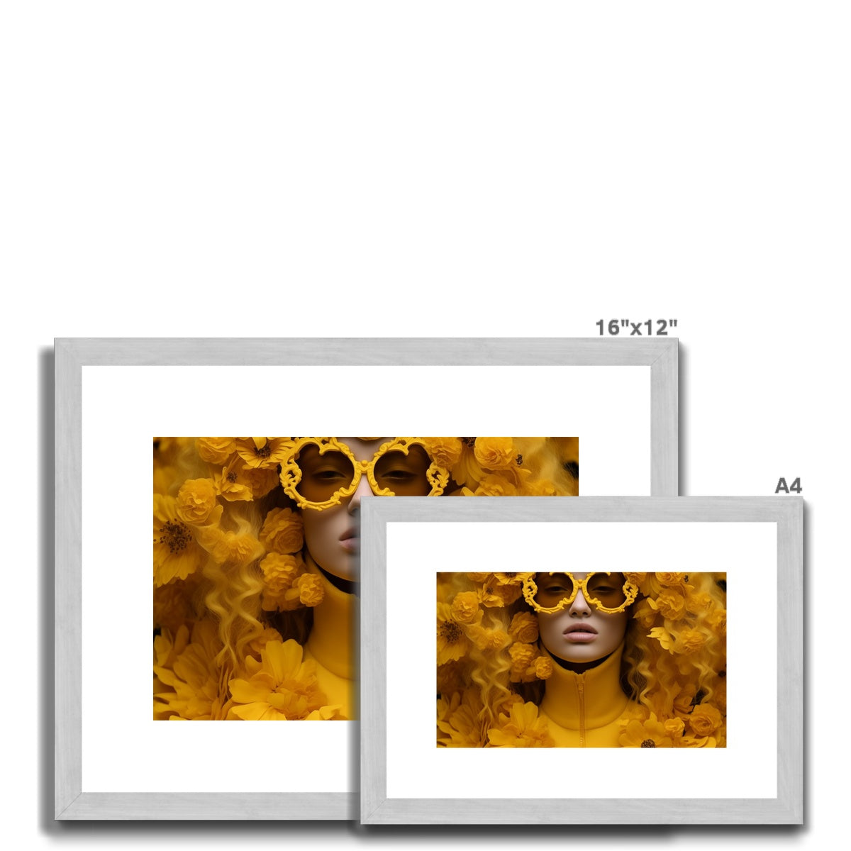 Two white frames with a woman’s face and yellow leaves