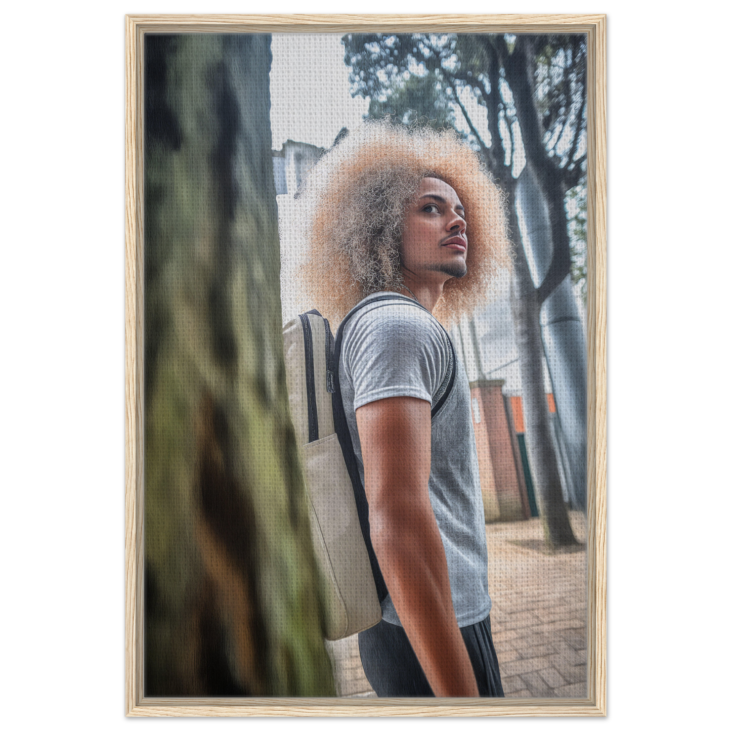 Person with voluminous curly blonde hair in gray t-shirt, Urban Adventurous Gaze artwork