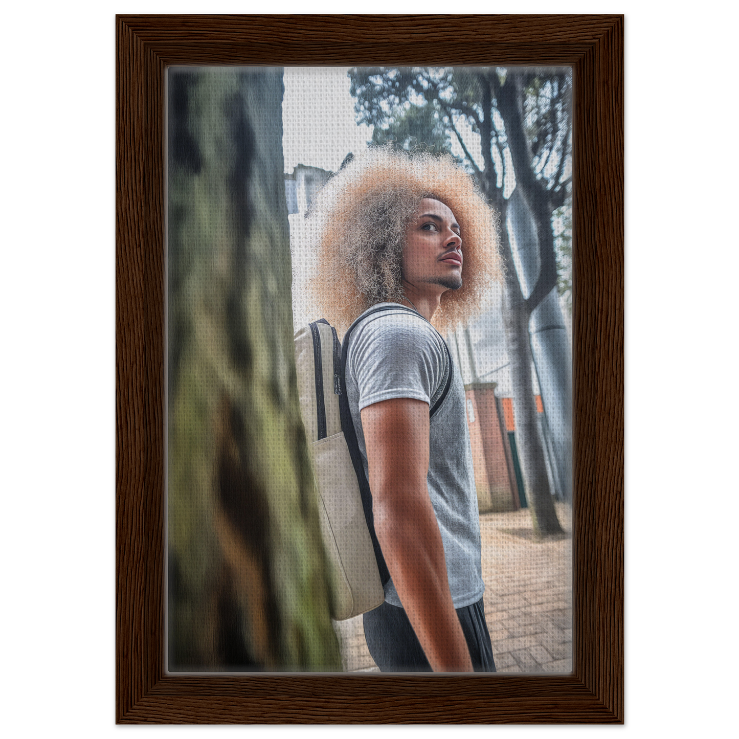 Framed photograph of a person with voluminous curly hair showcasing Urban Adventurous Gaze