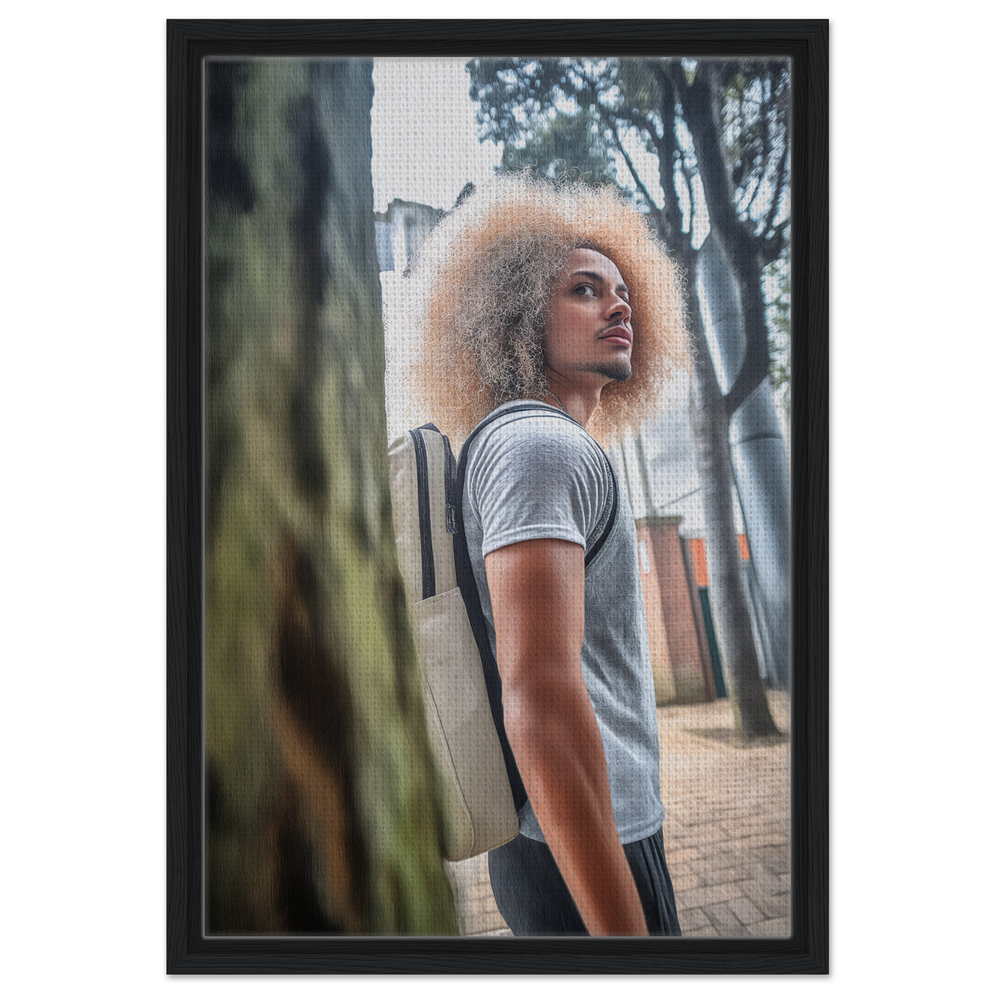 Person with voluminous curly blonde hair in gray t-shirt for Urban Adventurous Gaze