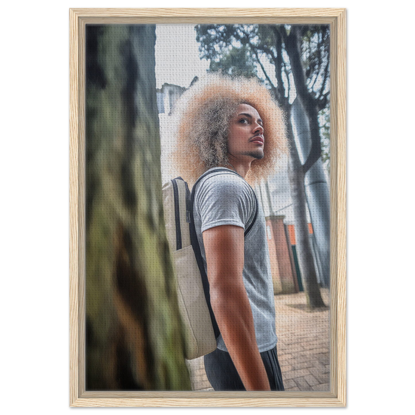 Portrait of a person with voluminous curly blonde hair in a gray t-shirt, Urban Adventurous Gaze