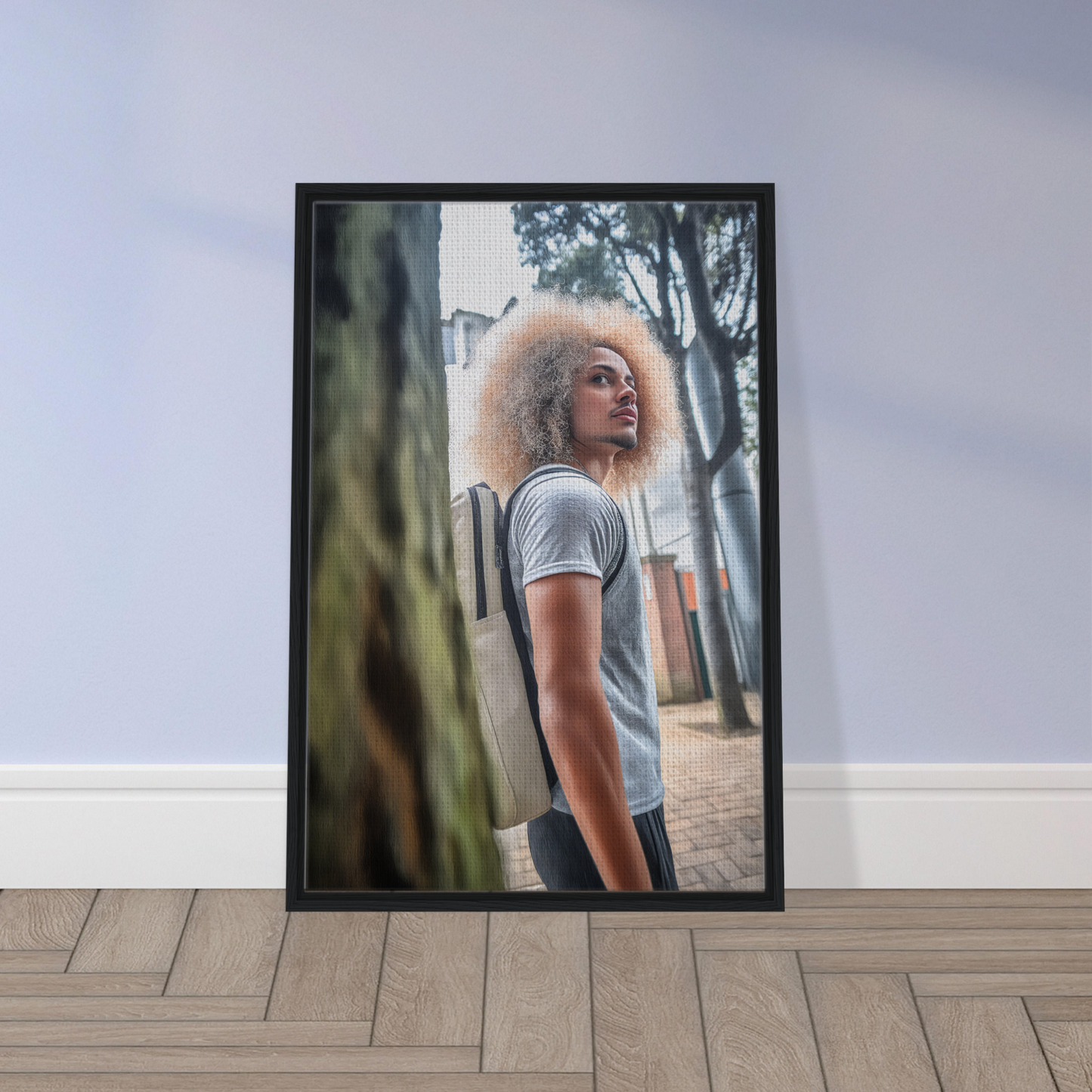 Framed canvas print of a person with blonde curls showcasing an urban adventurous gaze