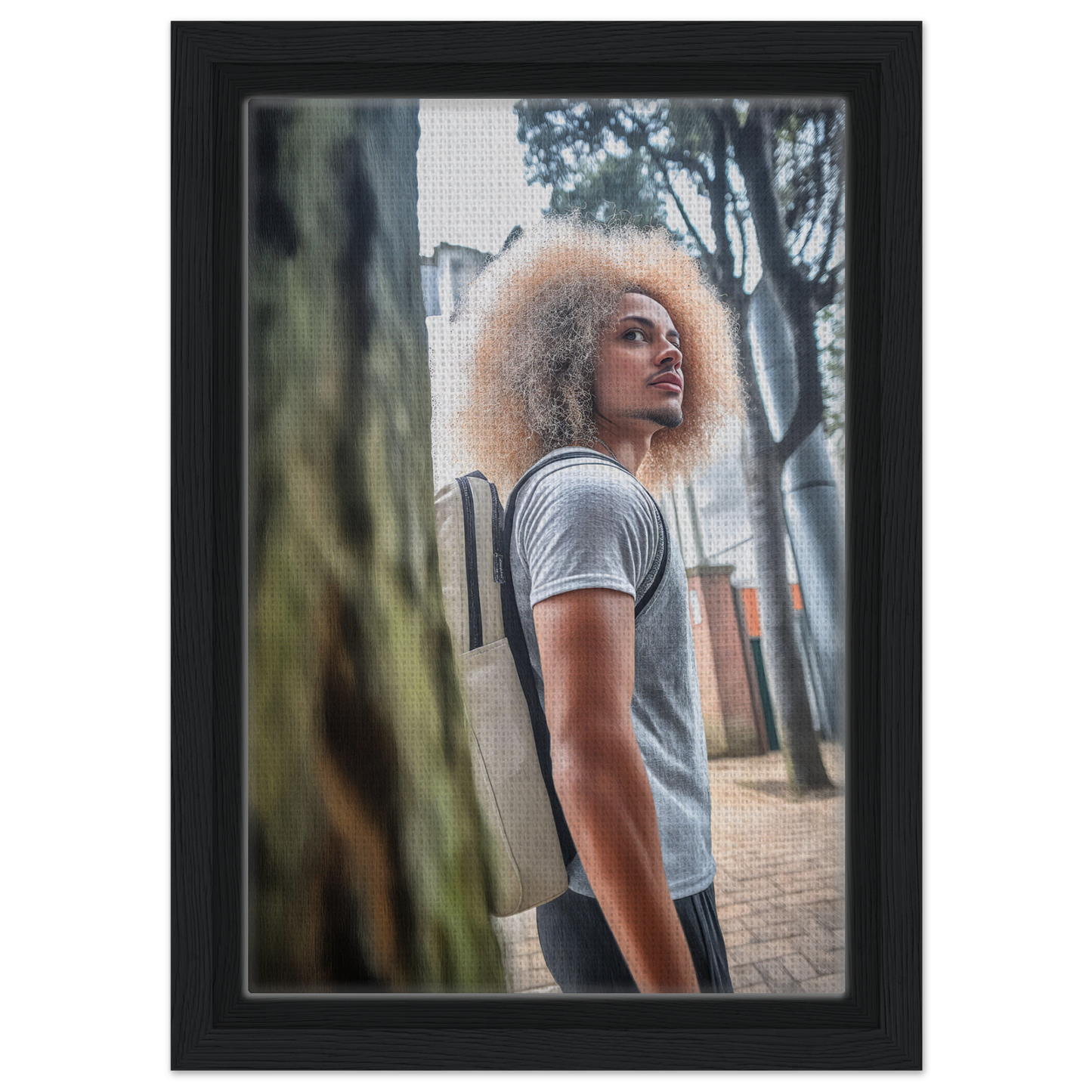 Framed photograph of a person with voluminous curly hair for Urban Adventurous Gaze room decor
