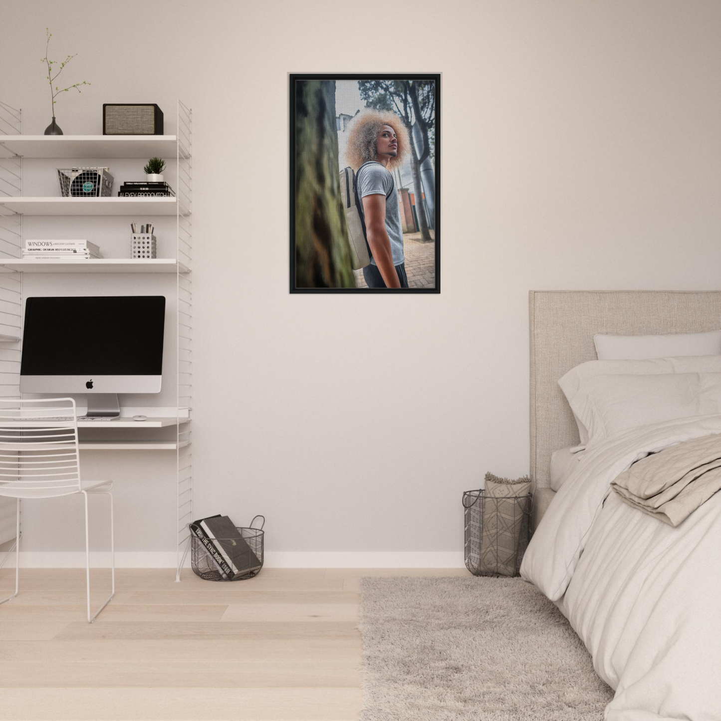 Framed portrait of a person with curly blonde hair, embodying urban adventurous gaze