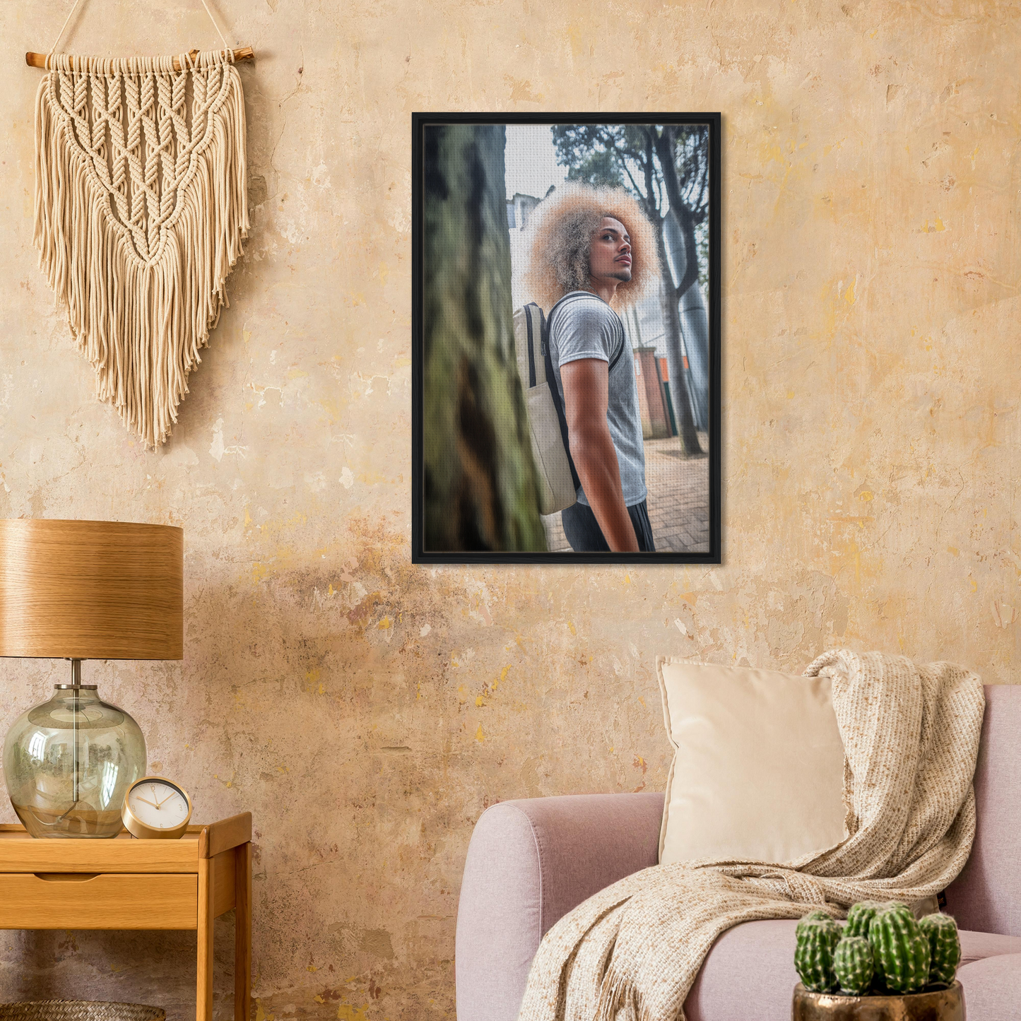 Framed canvas print of a person with curly blonde hair showcasing an urban adventurous gaze