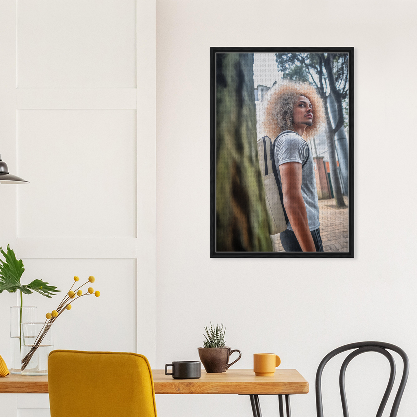 Framed canvas print featuring a person with voluminous curly hair showcasing urban adventurous gaze