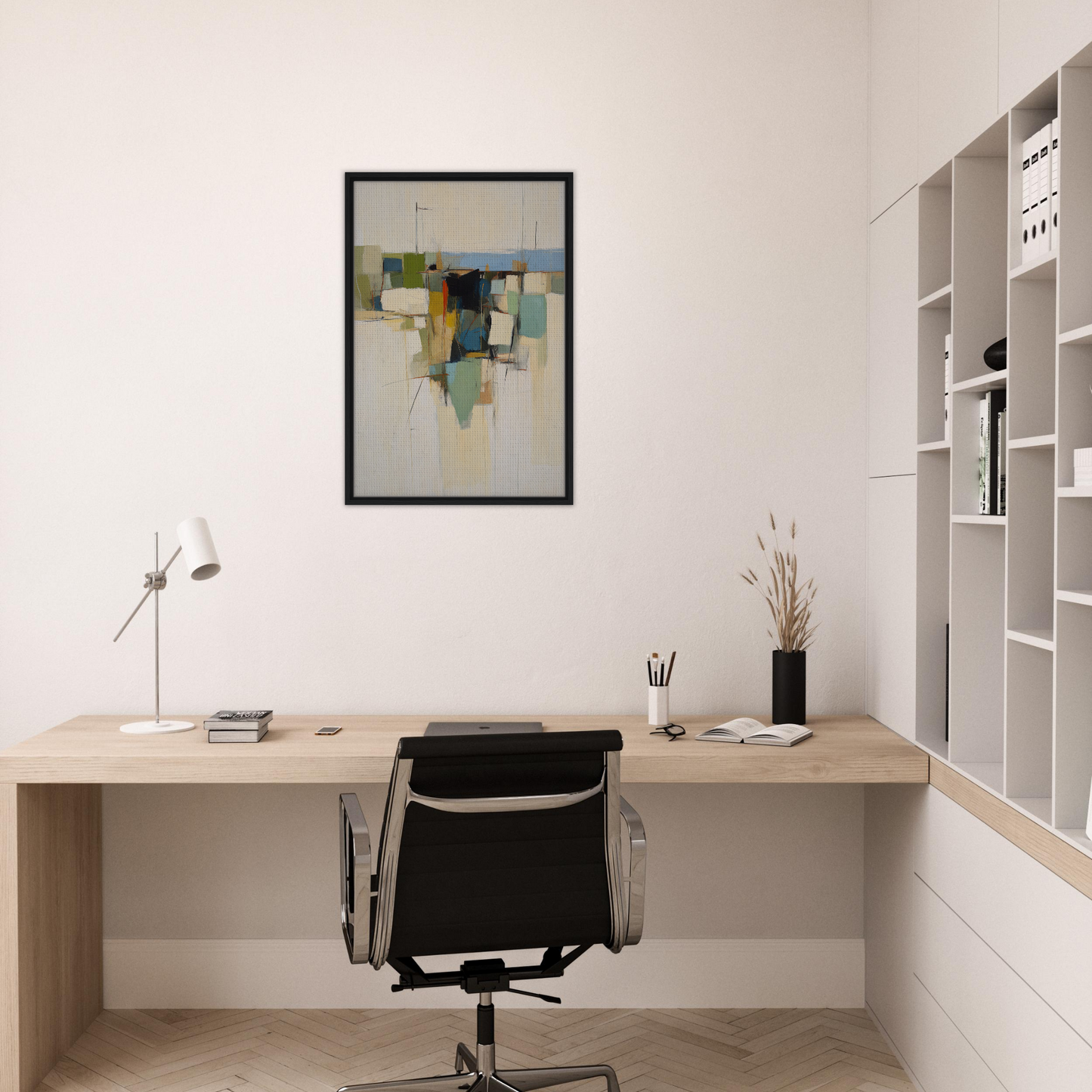 Minimalist home office with Urban Patterned Vortex art, wooden desk, and black chair