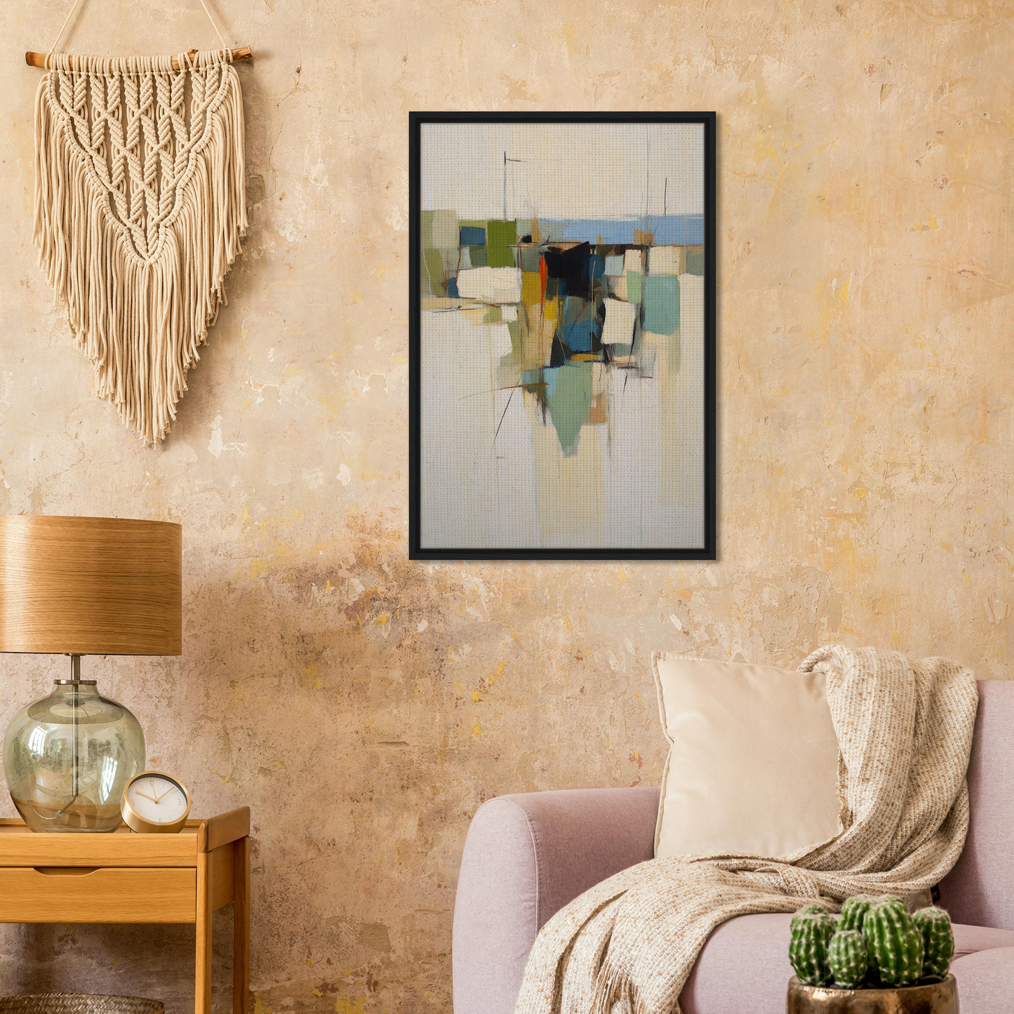 Framed abstract painting titled Urban Patterned Vortex, featuring geometric shapes in muted colors