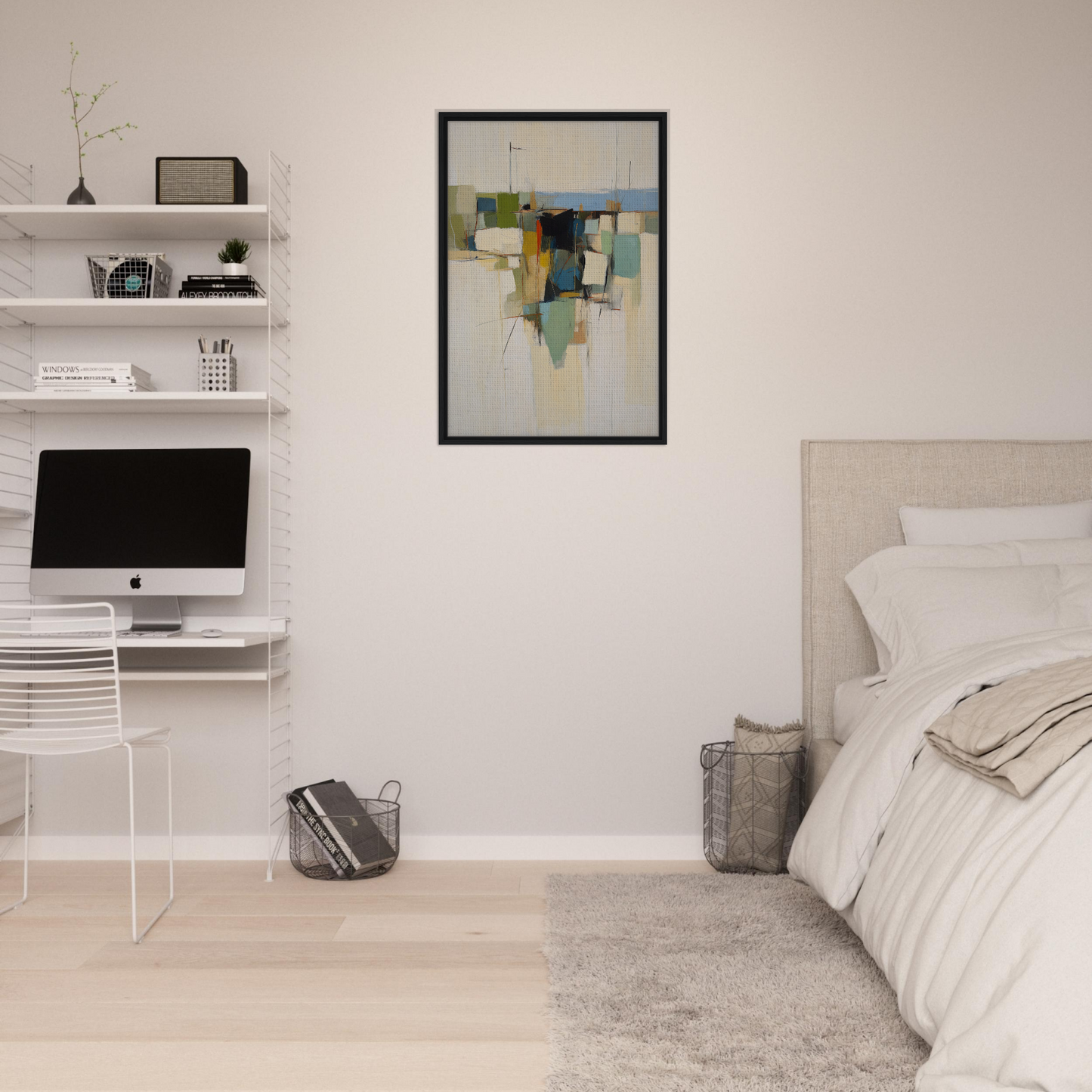 Modern bedroom with minimalist decor showcasing Urban Patterned Vortex framed canvas print