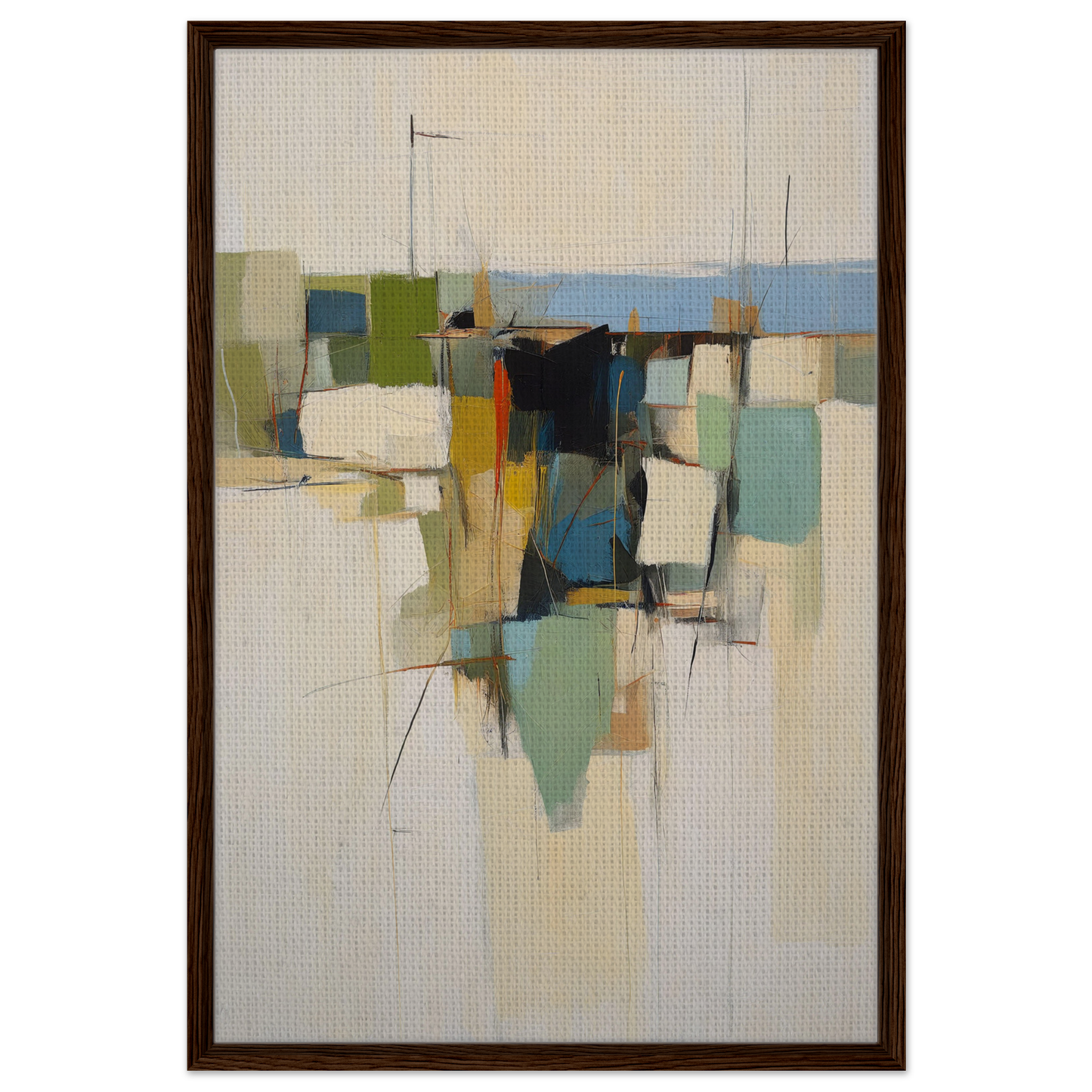 Abstract painting of geometric shapes in muted colors for Urban Patterned Vortex room decor