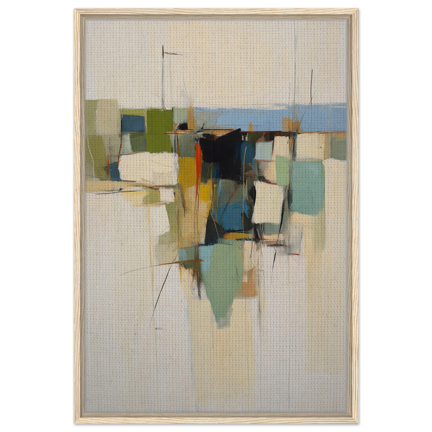 Abstract painting of geometric shapes in muted colors for Urban Patterned Vortex room decor