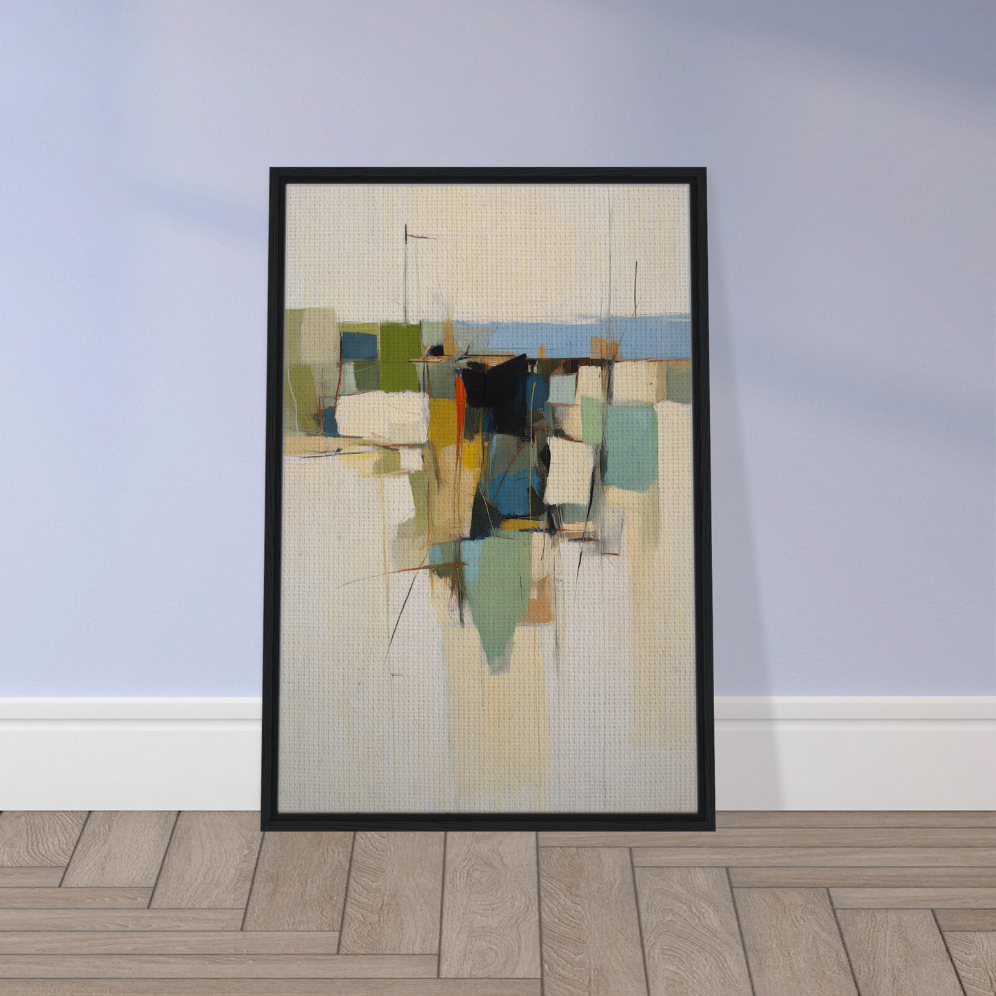 Abstract painting in a black frame featuring geometric shapes for Urban Patterned Vortex