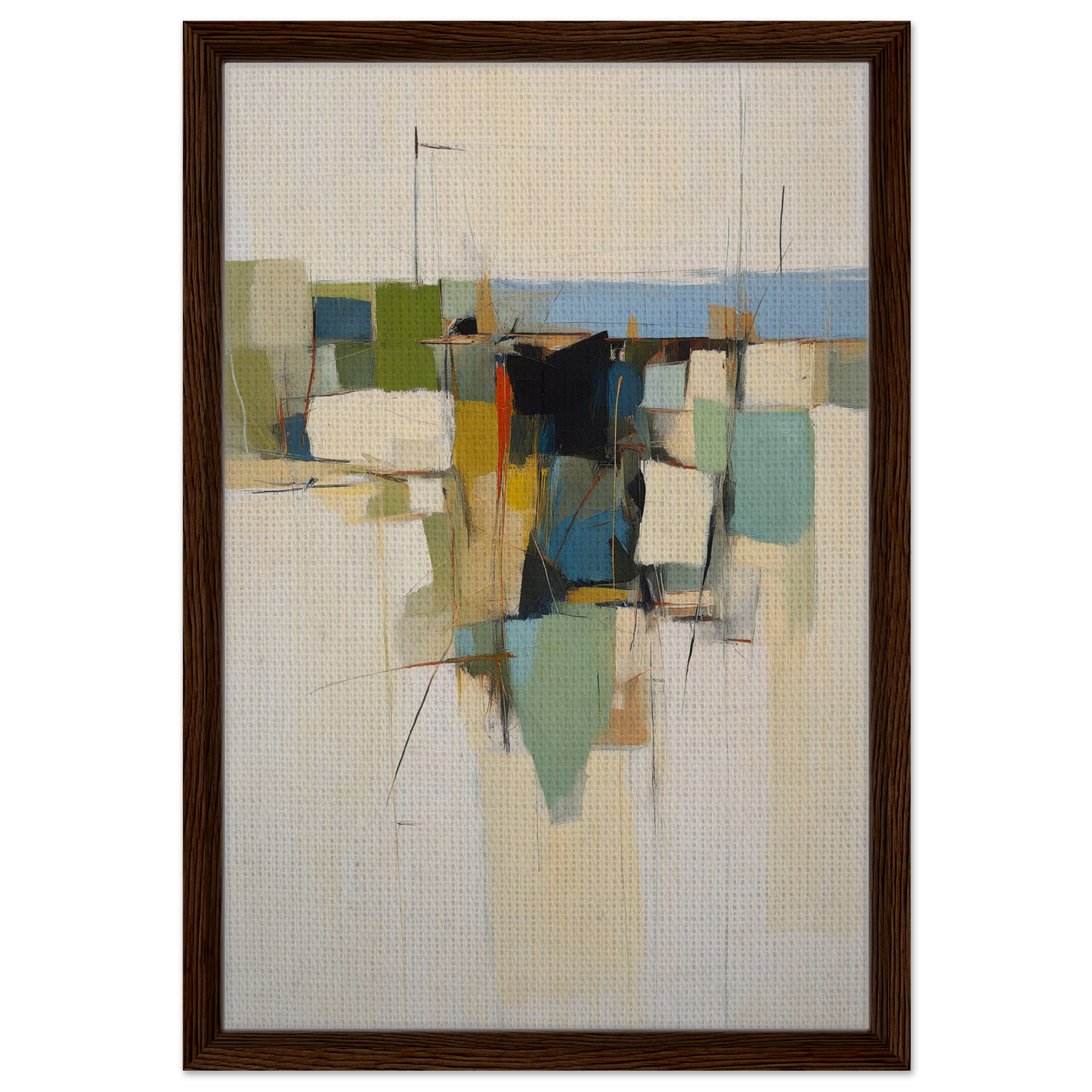 Abstract painting of geometric shapes in muted colors in Urban Patterned Vortex framed canvas print