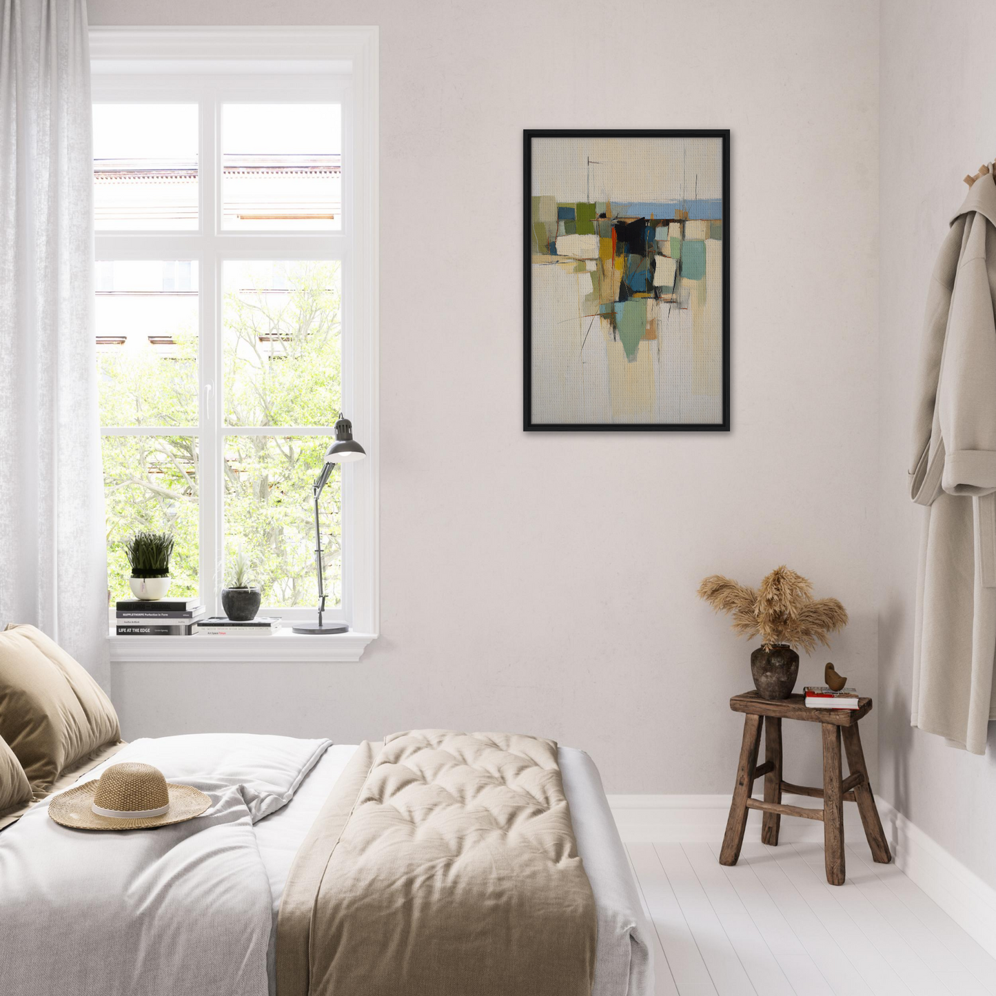 Bright, airy bedroom featuring Urban Patterned Vortex room decor in a minimalist style