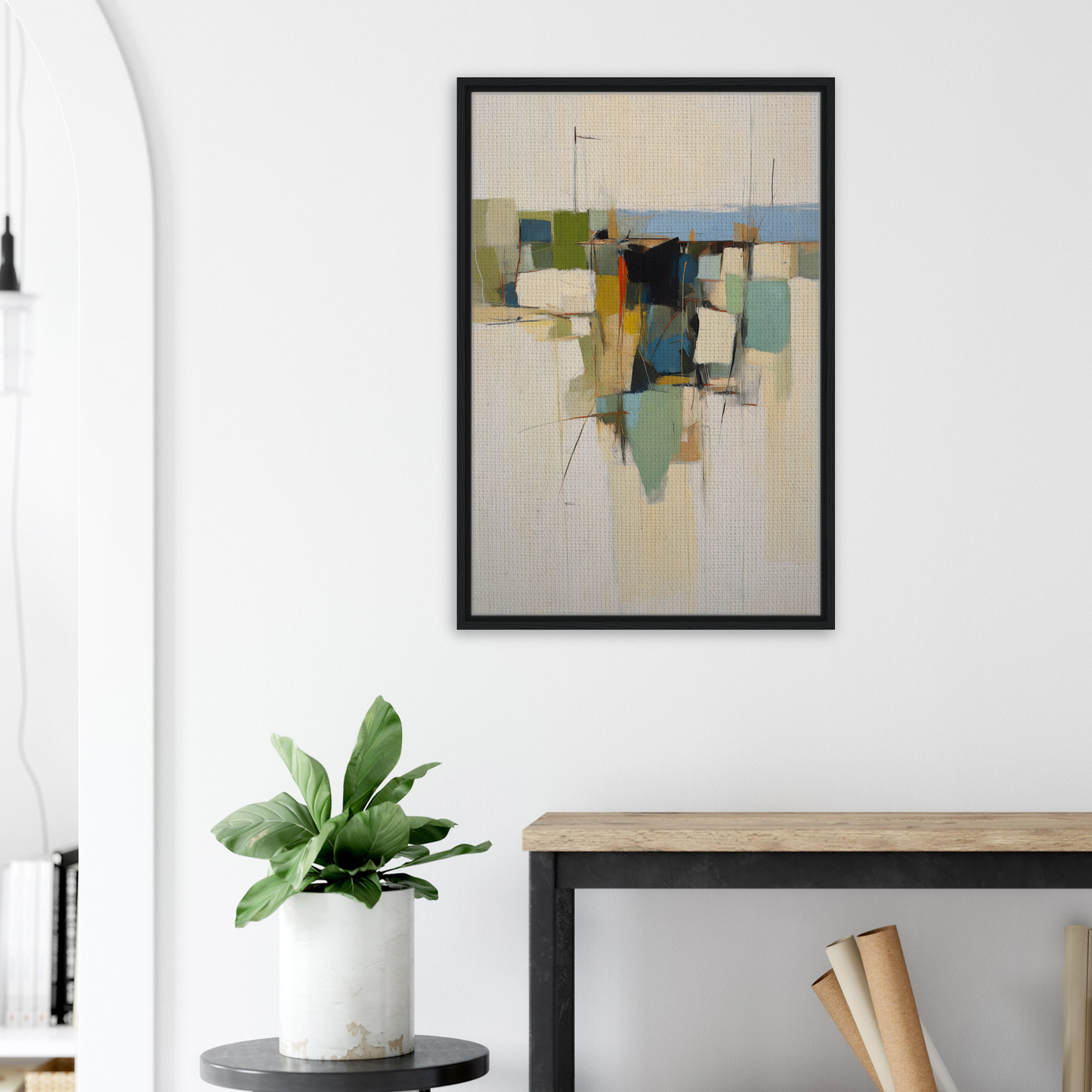 Abstract painting featuring geometric shapes in muted colors for Urban Patterned Vortex room decor