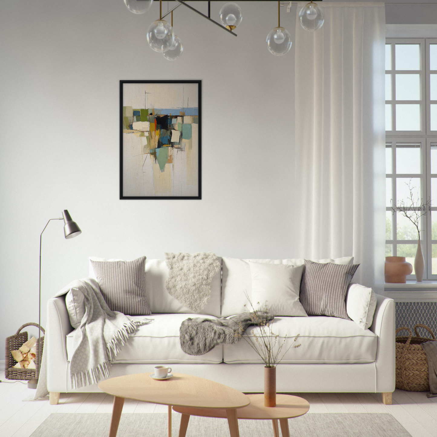 White sofa styled with throw pillows and blankets from Urban Patterned Vortex for room decor