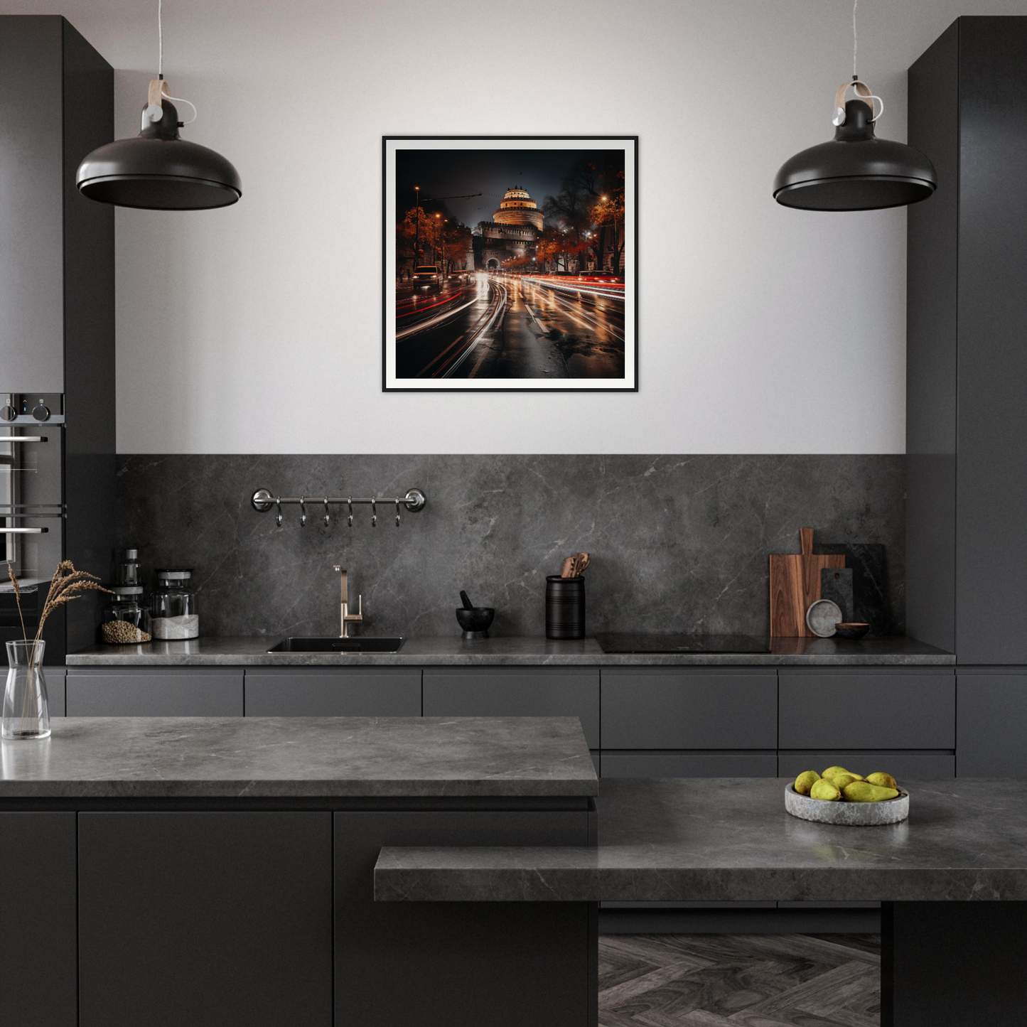 Stylish dark gray kitchen featuring Urban Time Lapse art and cool industrial pendant lights
