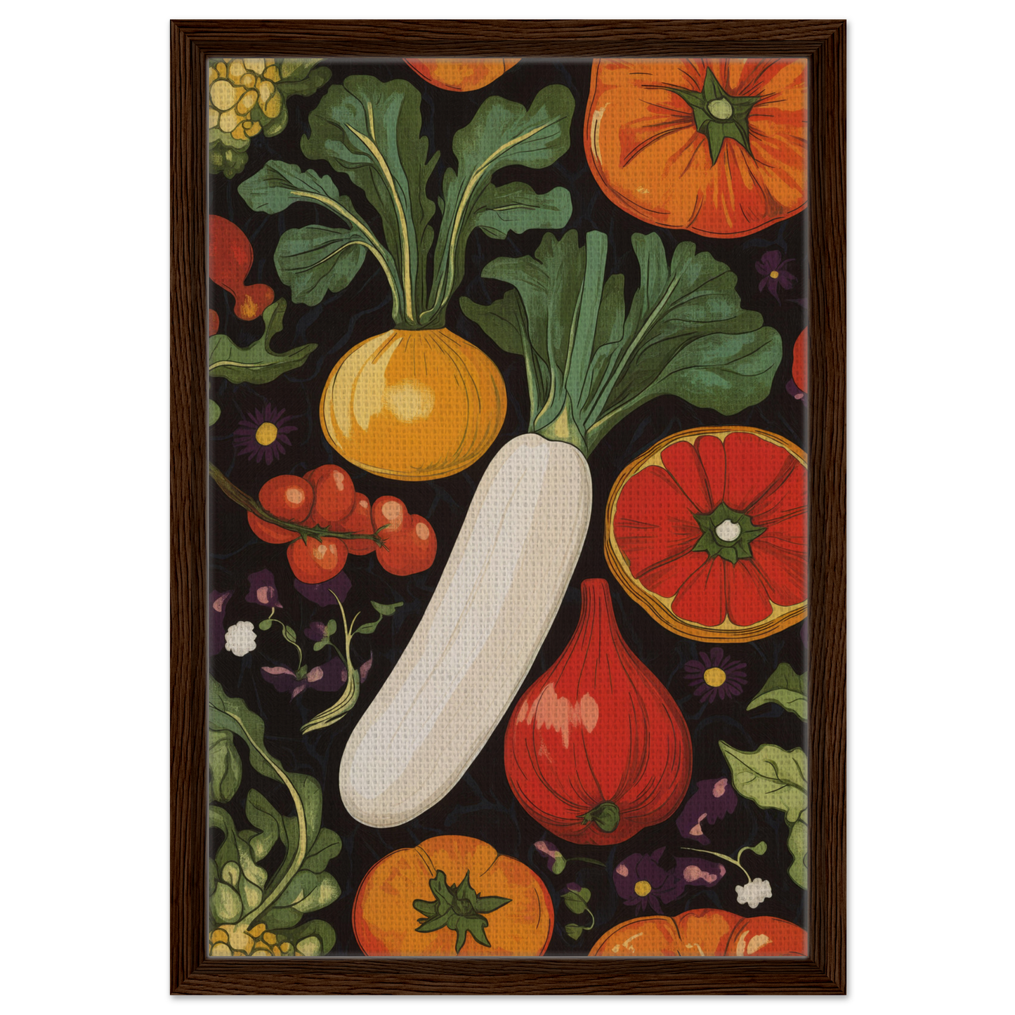 Colorful vegetables in a decorative pattern embodying Veggie Visionary Ode’s timeless elegance