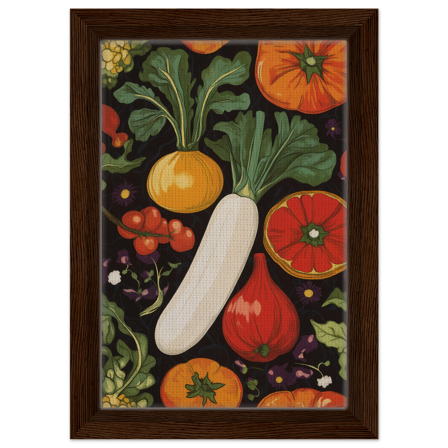 Colorful painting of vegetables on dark background in Veggie Visionary Ode, showcasing timeless elegance