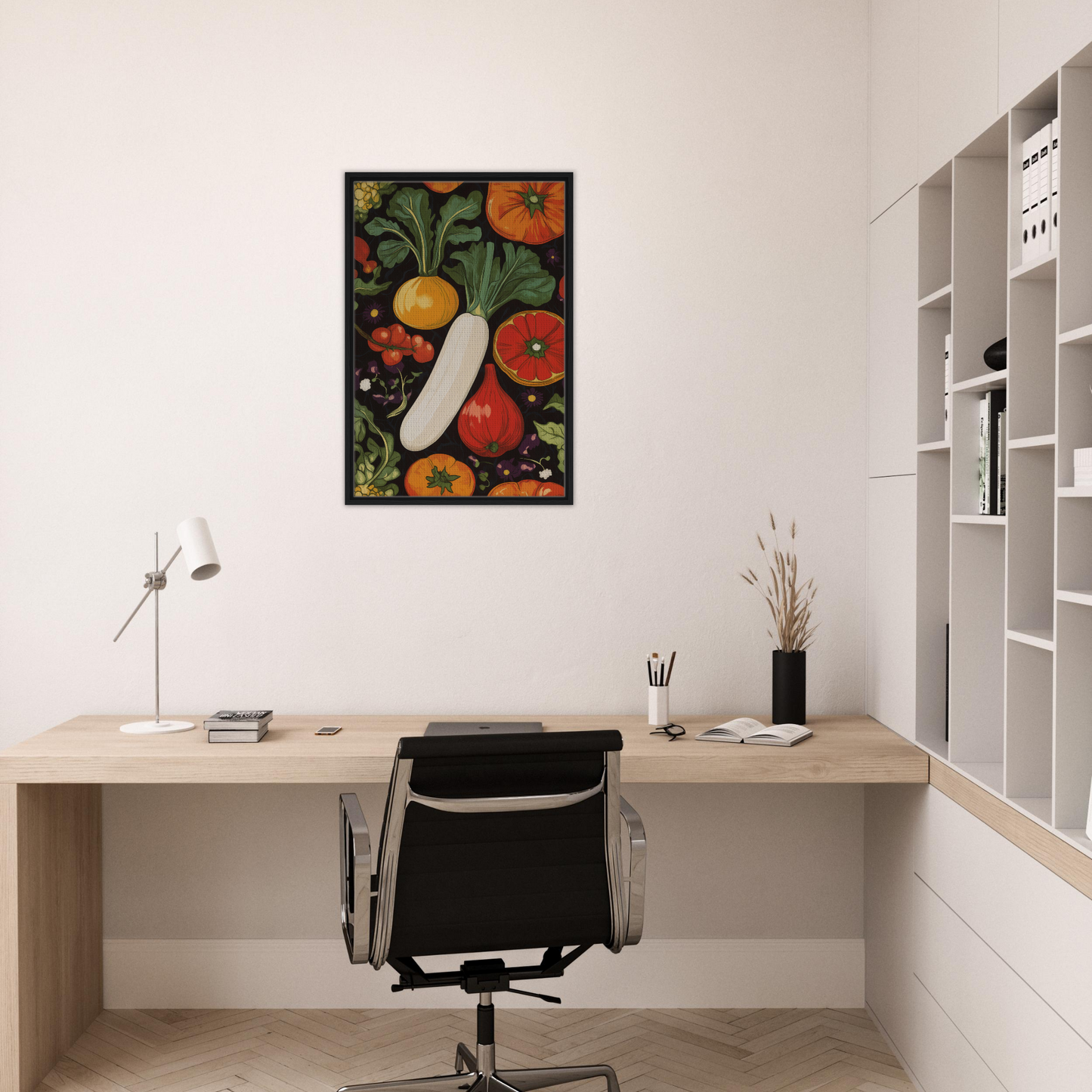 Colorful still life painting of fruits and vegetables in Veggie Visionary Ode frame