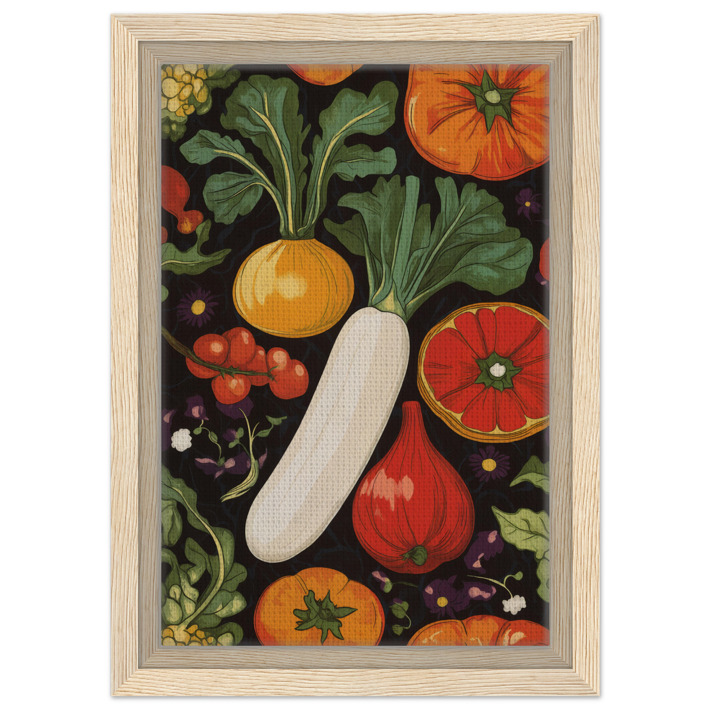 Colorful assortment of fresh vegetables in a framed display from Veggie Visionary Ode