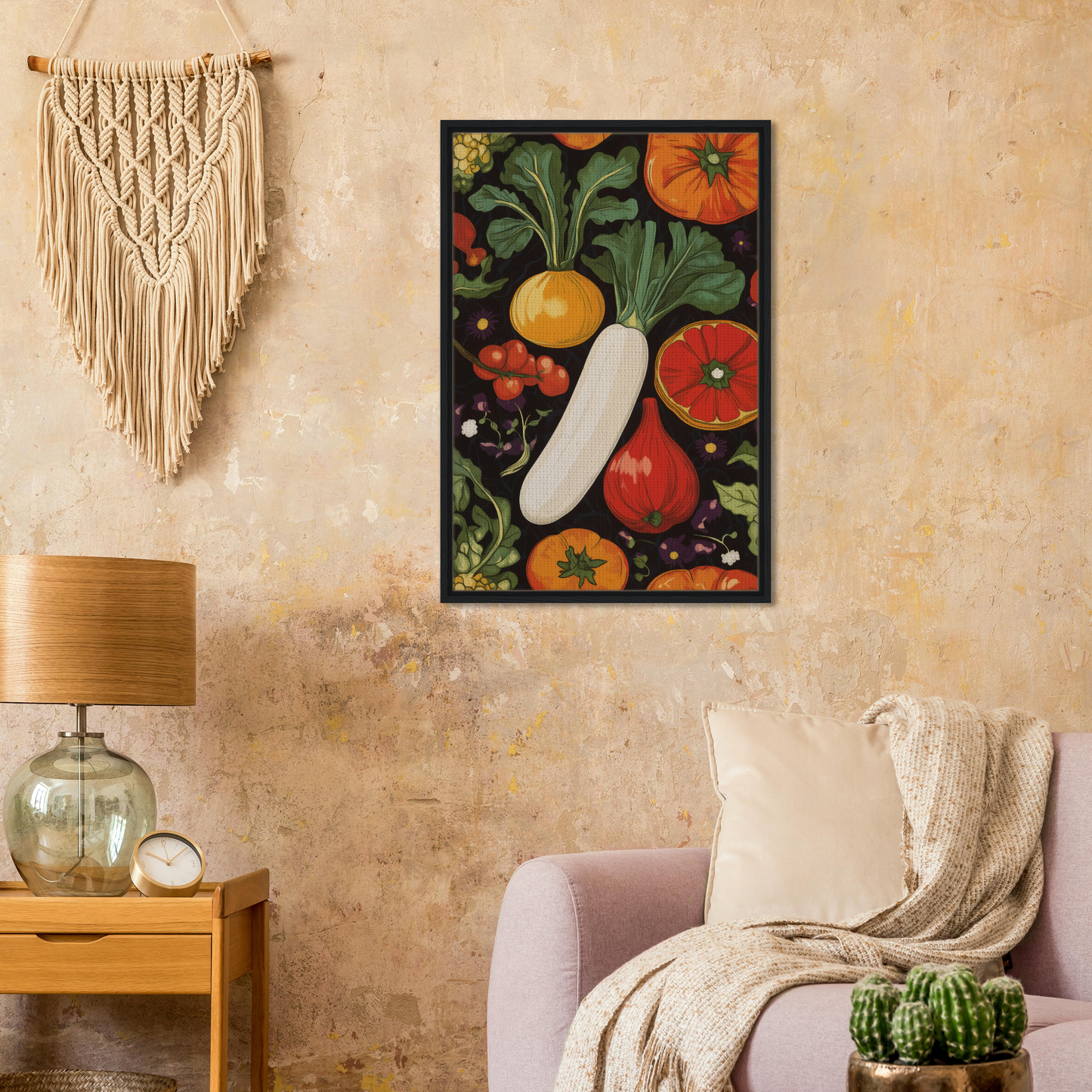 Colorful framed artwork of fruits and vegetables in Veggie Visionary Ode, showcasing timeless elegance