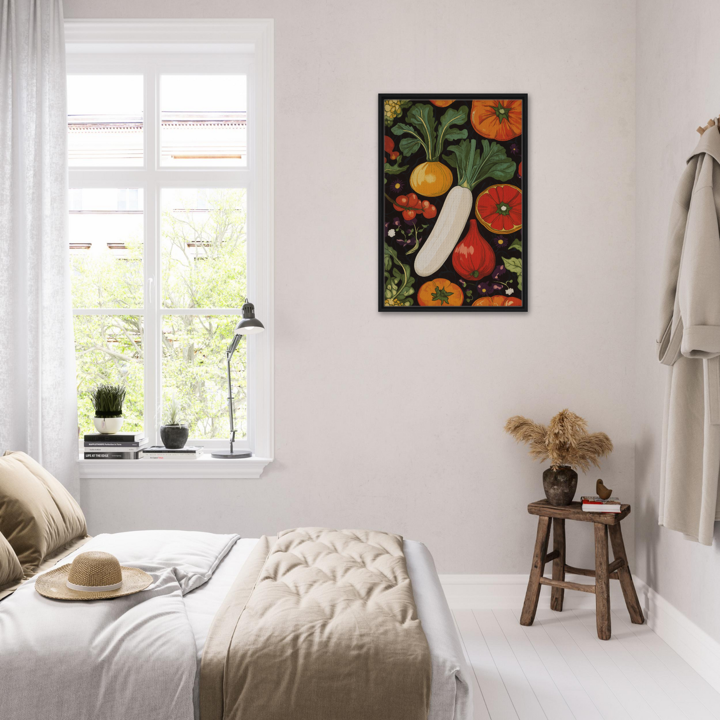 Colorful framed artwork of fruits and vegetables in Veggie Visionary Ode, showcasing timeless elegance