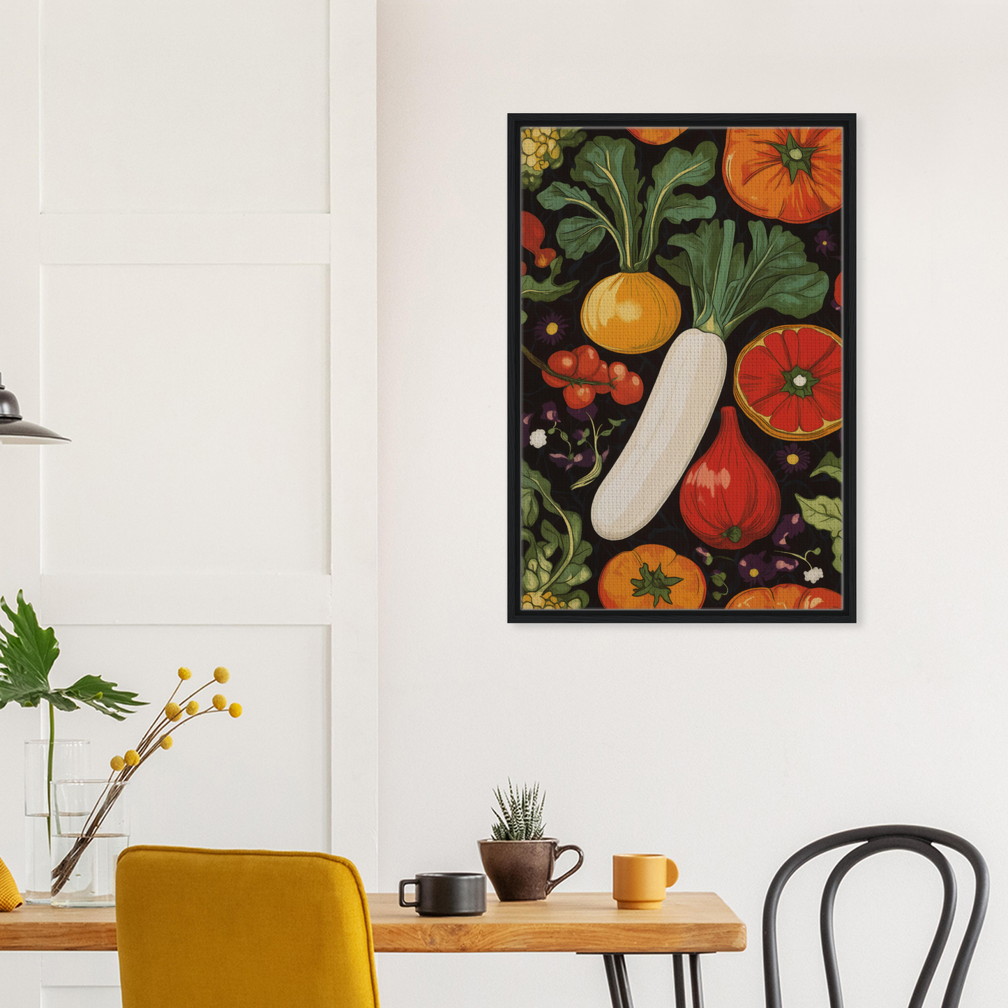 Framed Veggie Visionary Ode poster depicting colorful vegetables on a dark backdrop