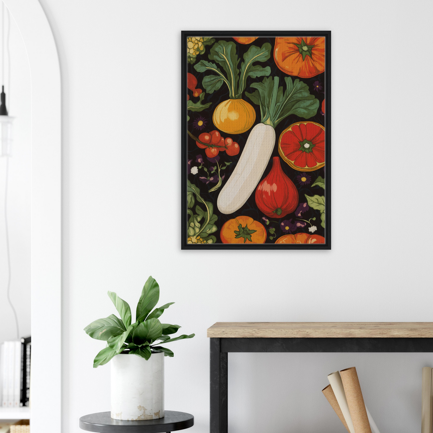 Framed Veggie Visionary Ode artwork showcasing colorful vegetables on a dark background