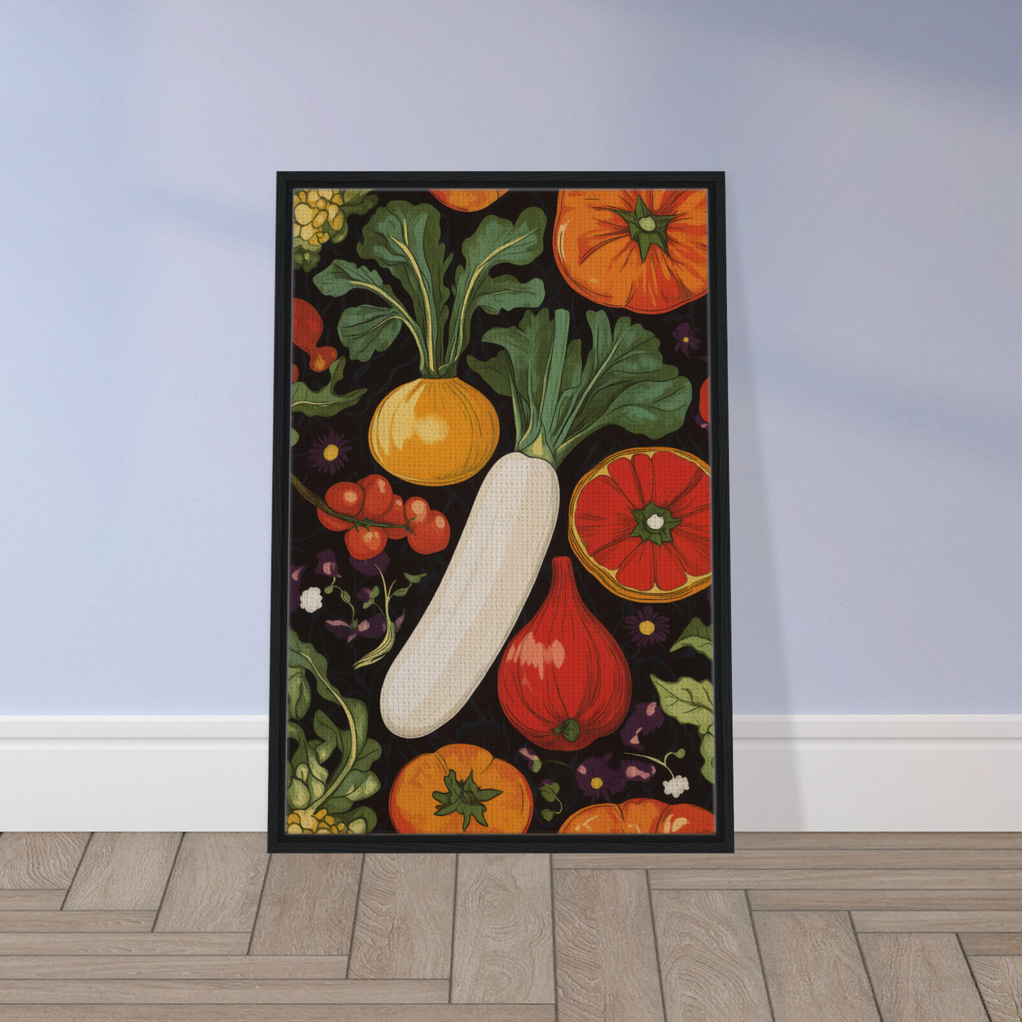 Framed poster of Veggie Visionary Ode showcasing a vibrant arrangement of fruits and vegetables