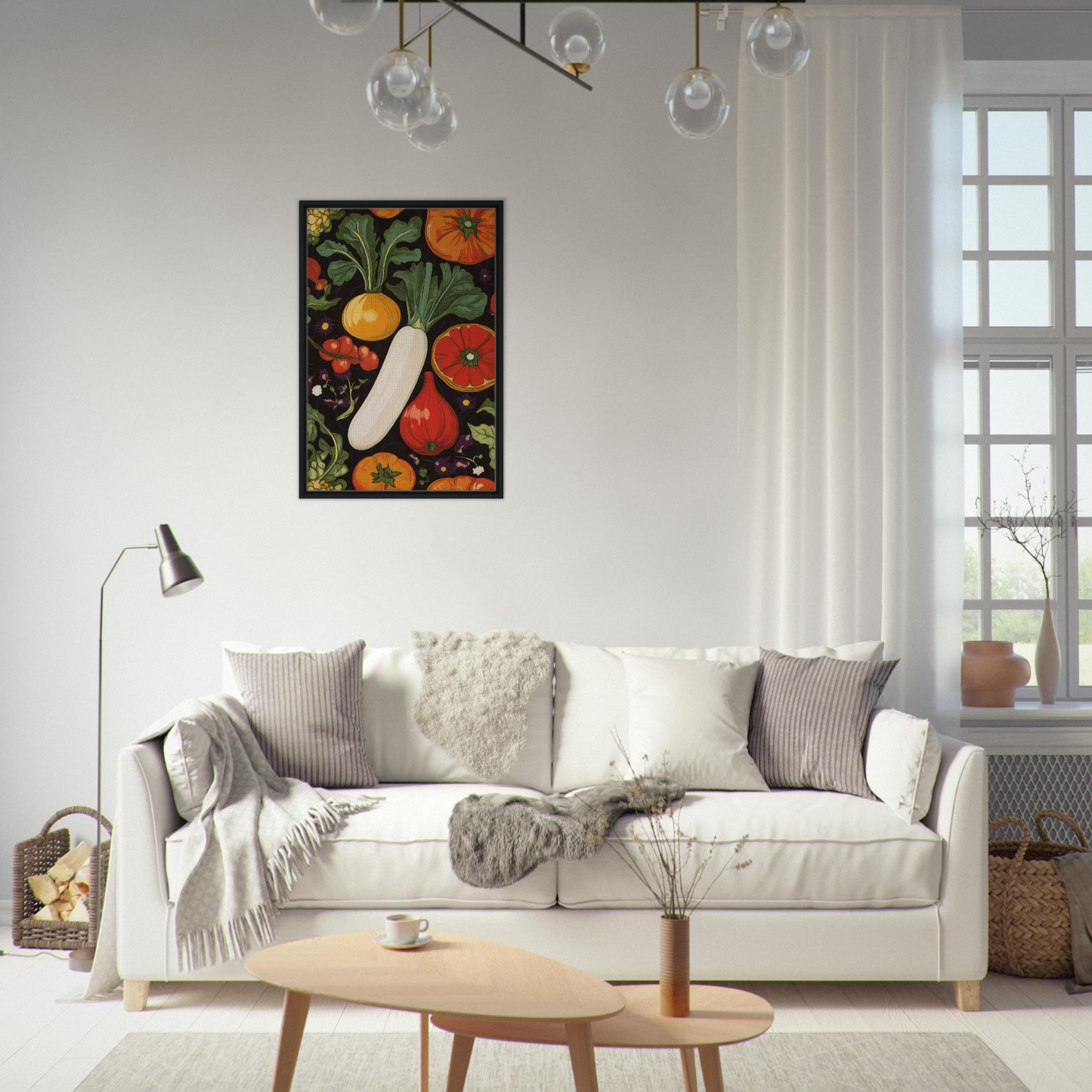 White sofa adorned with throw pillows and blankets from Veggie Visionary Ode, showcasing timeless elegance