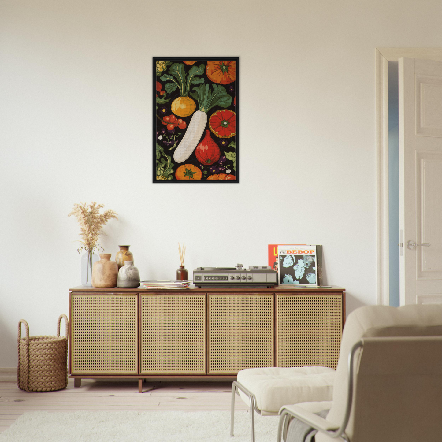 Wooden sideboard with cane-webbed doors and decor, part of Veggie Visionary Ode collection