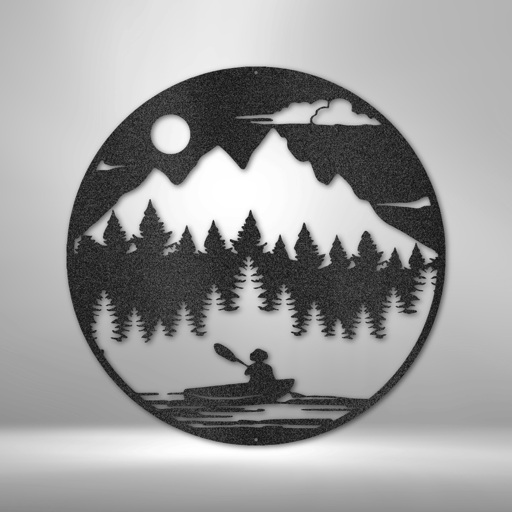 Circular silhouette artwork depicting a mountain landscape with trees and a kayaker.