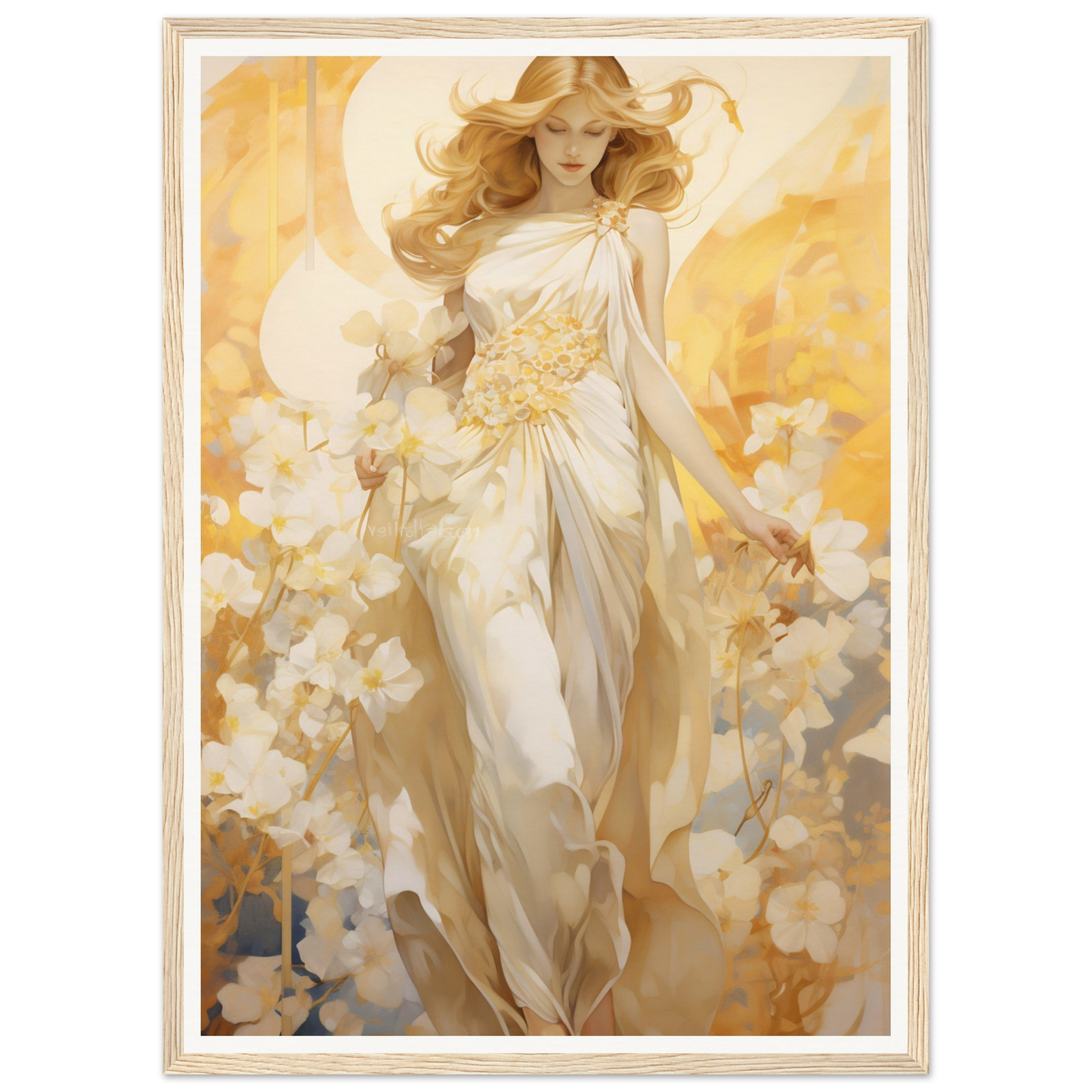 Ethereal female figure in a flowing white dress surrounded by golden light and delicate flowers.
