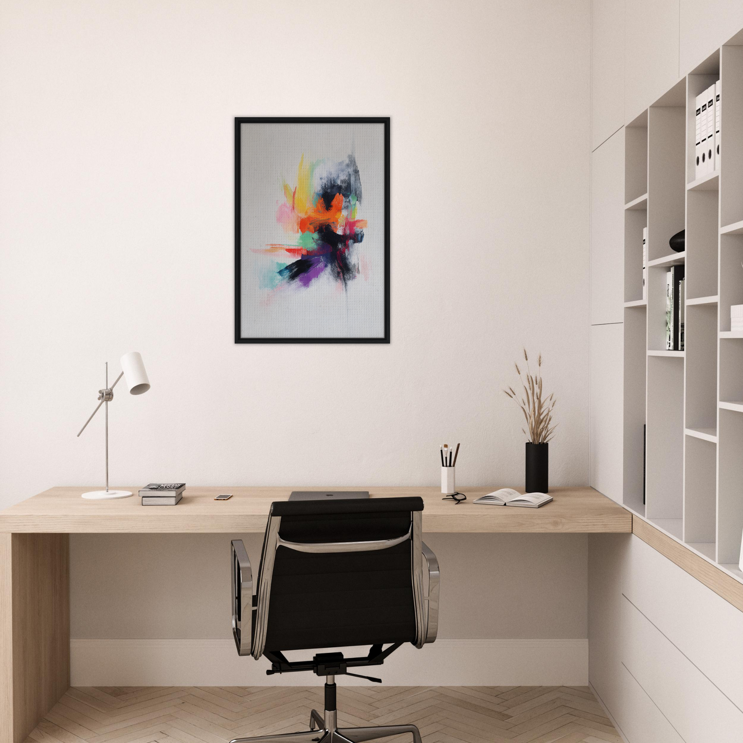 Minimalist home office with desk and Vibrancy’s Psychedelic Dance framed canvas print