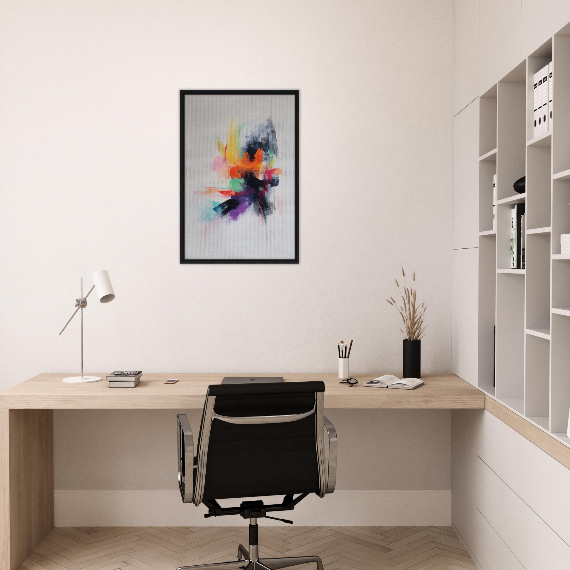 Minimalist home office with desk and Vibrancy’s Psychedelic Dance framed canvas print