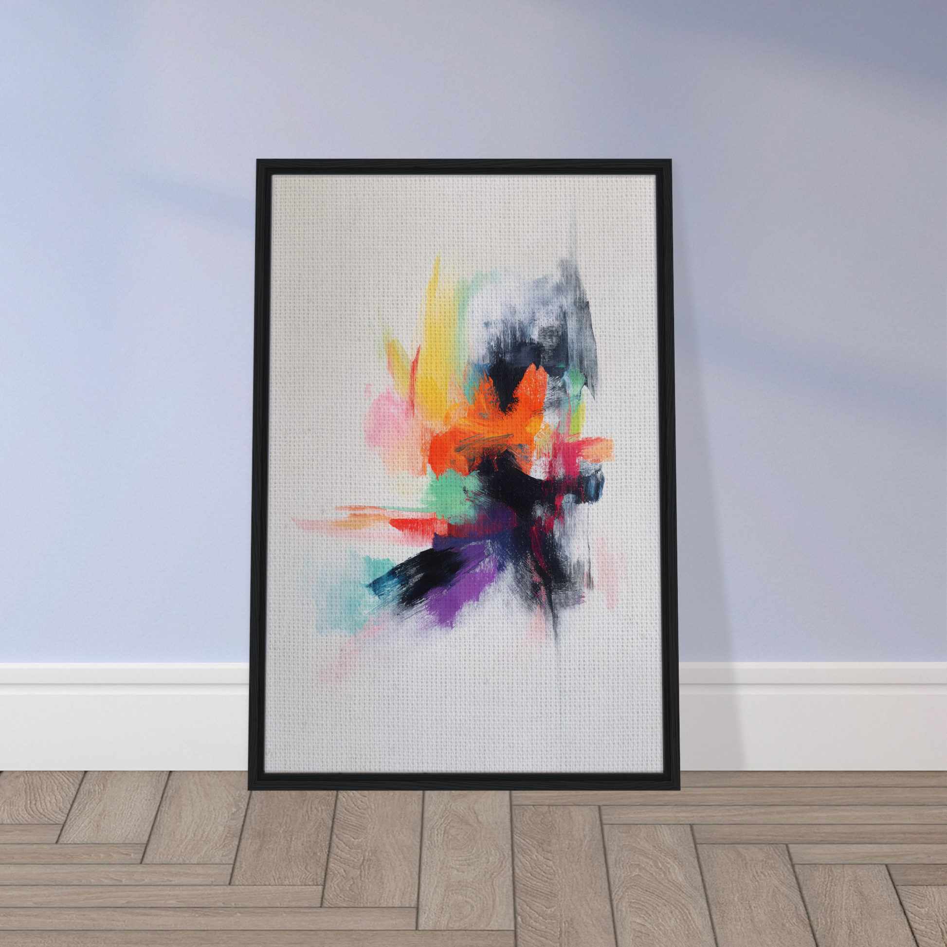 Framed abstract painting with vibrant splashes for Vibrancy’s Psychedelic Dance room decor