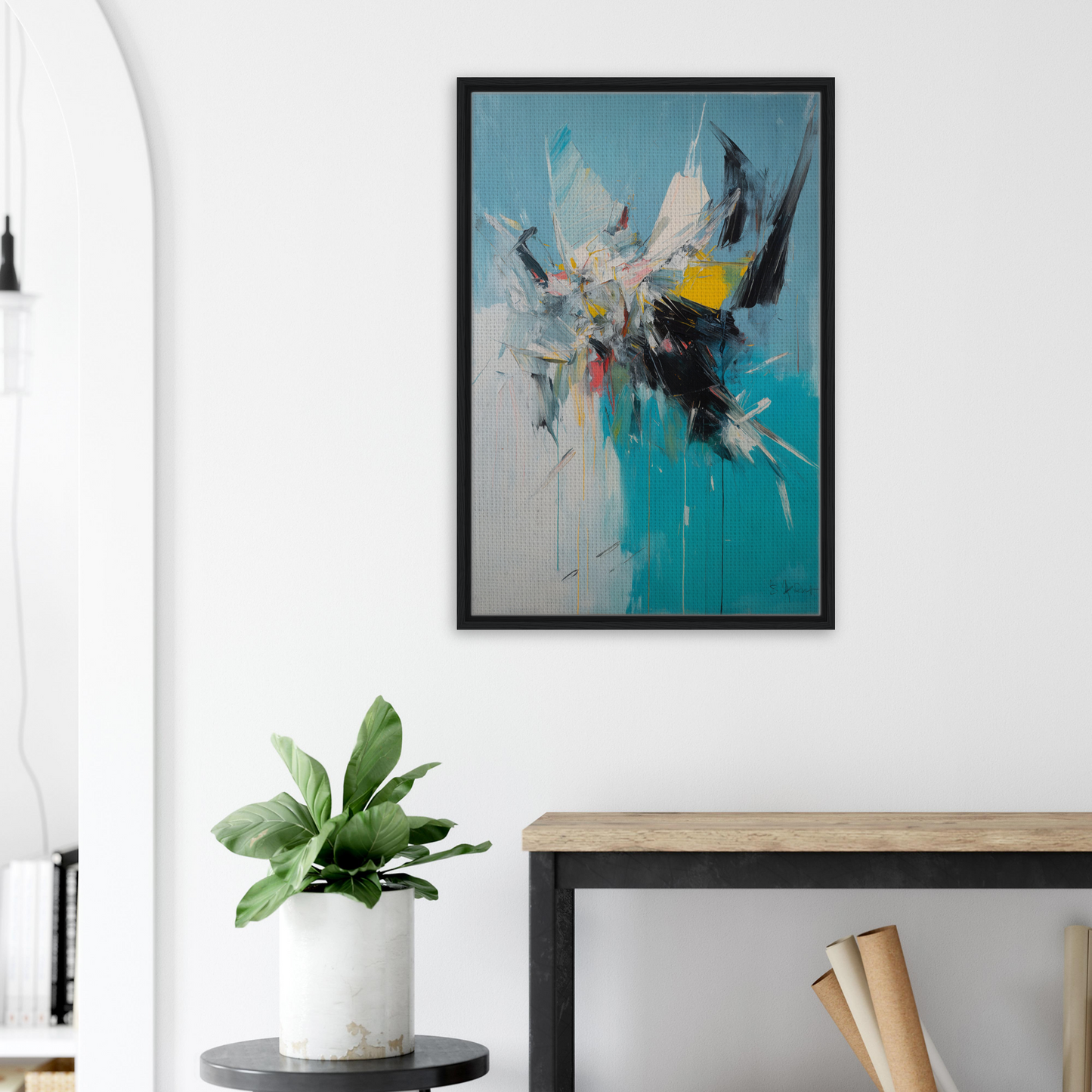 Abstract painting in vibrant turquoise, yellow, and white brushstrokes in a chaotic realms framed artwork