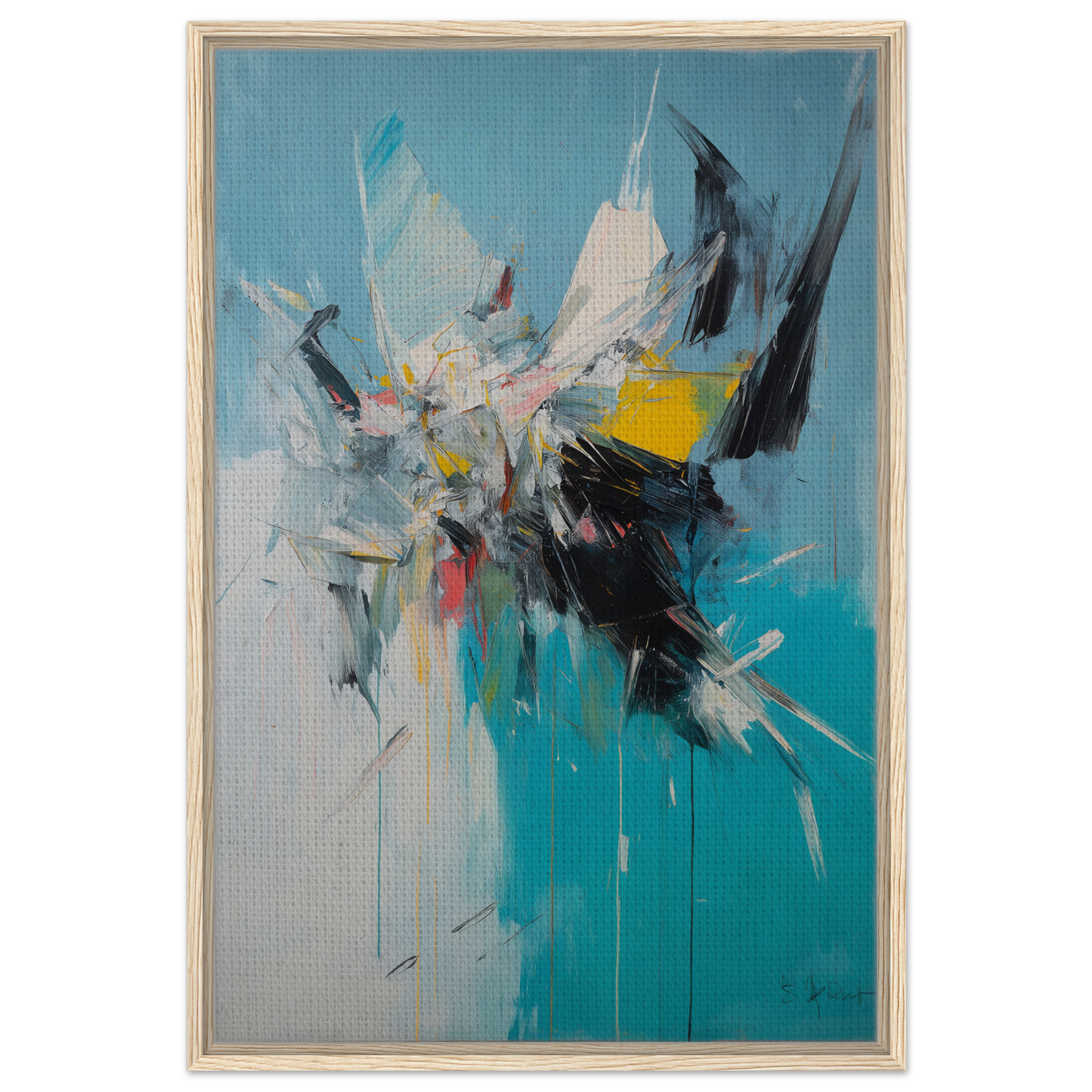 Abstract painting with dynamic brushstrokes in turquoise and yellow for Vibrant Chaotic Realms
