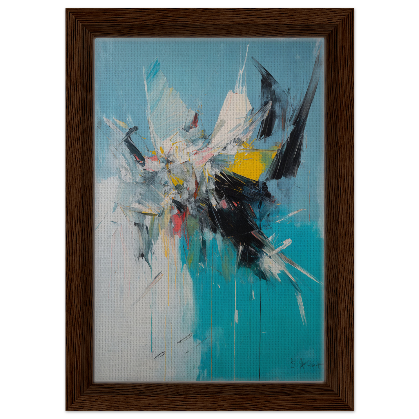 Abstract painting in vibrant chaotic realms with dynamic brushstrokes in blue and yellow