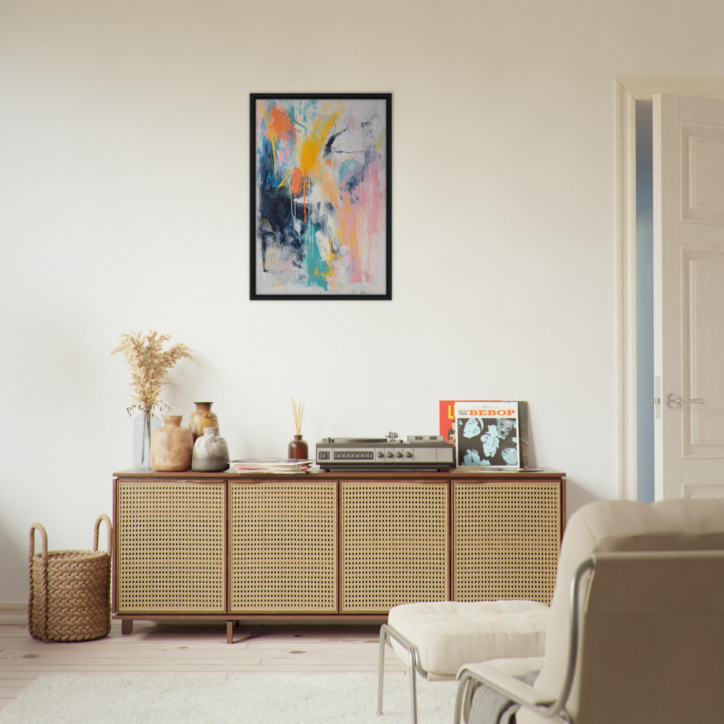Wooden sideboard with cane-webbed doors and decor atop Vibrant Color Symphony design