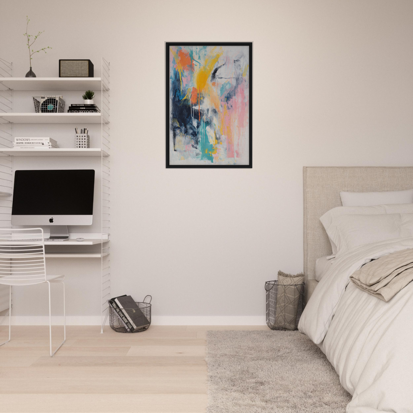 Colorful abstract painting in a black frame for Vibrant Color Symphony room decor