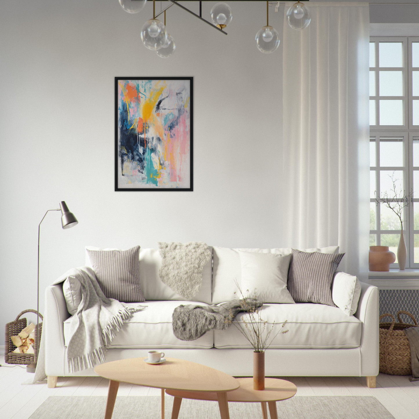 White sofa adorned with throw pillows and blankets from Vibrant Color Symphony for stylish room decor