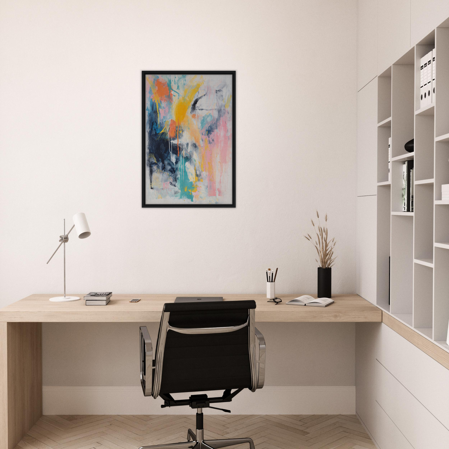 Minimalist home office workspace featuring a Vibrant Color Symphony framed canvas print