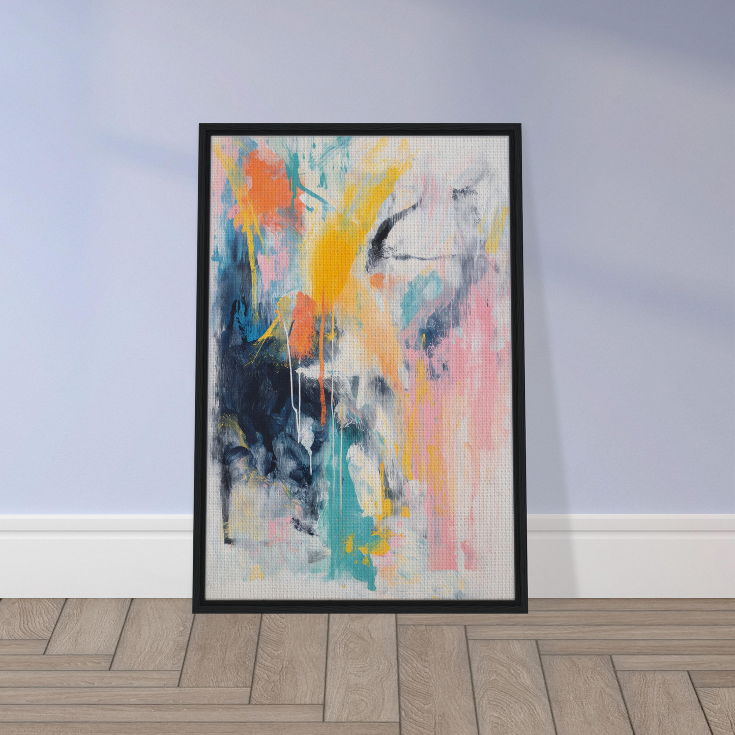 Abstract painting in a black frame showcasing a Vibrant Color Symphony by Fashion Oracle™