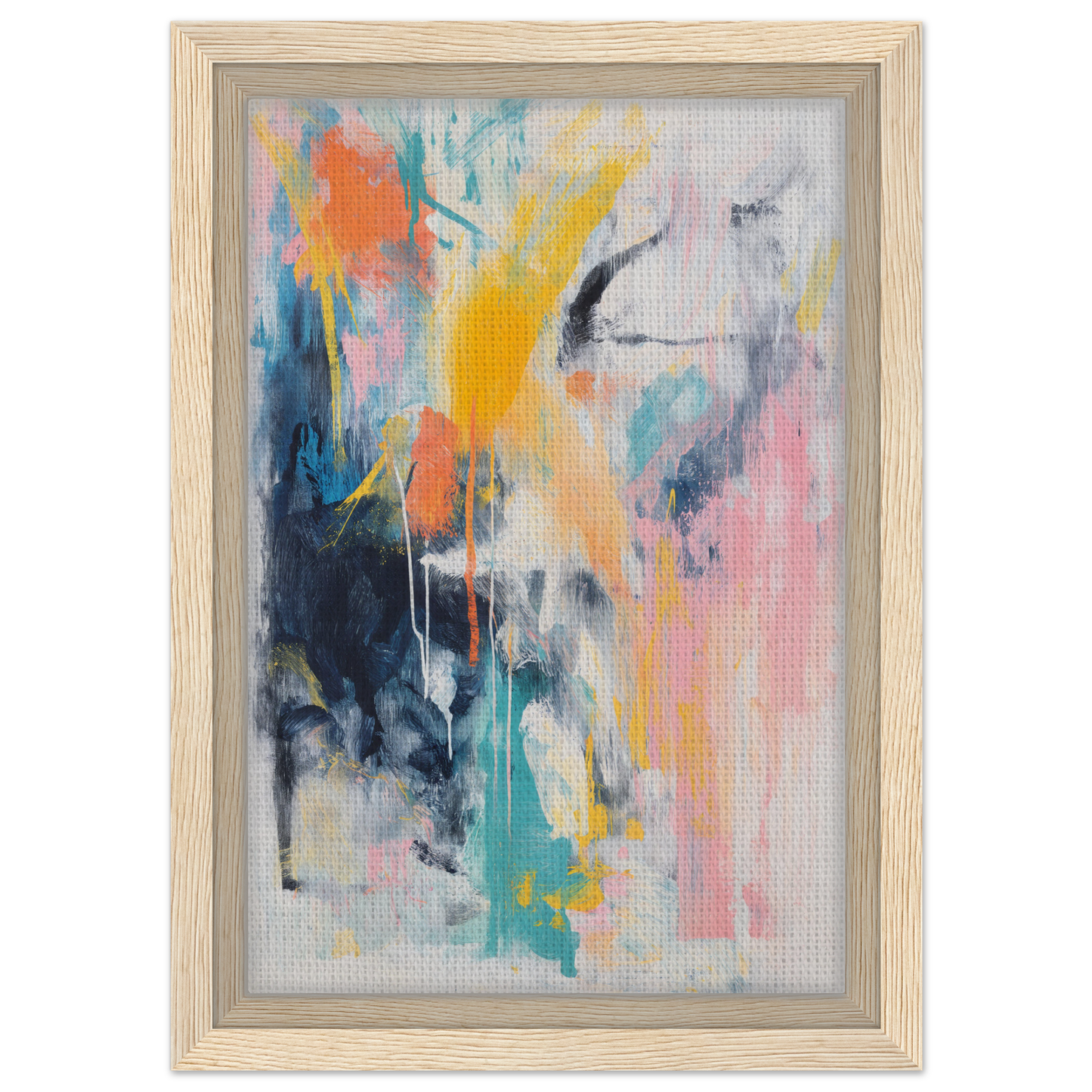 Abstract painting with vibrant splashes in a light wooden frame, Vibrant Color Symphony