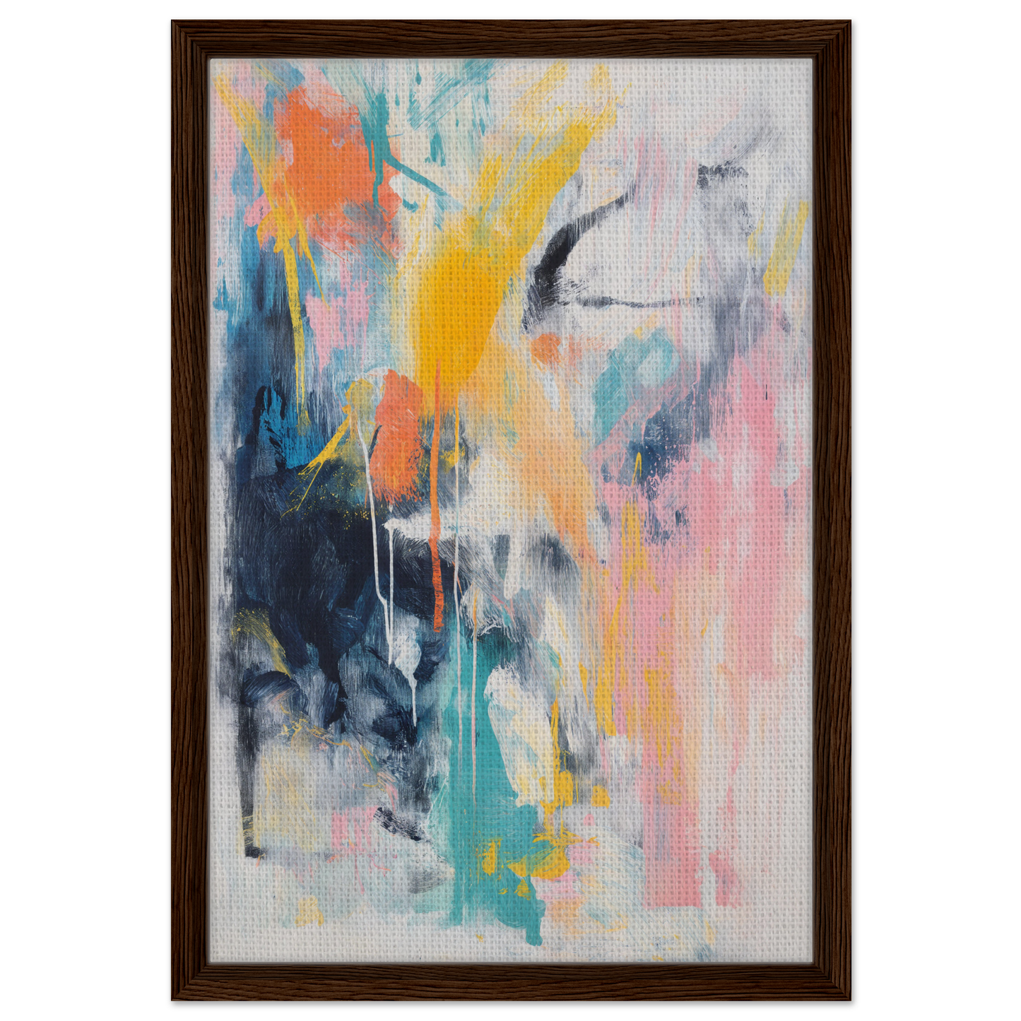 Abstract painting with vibrant splashes in a wooden frame, Vibrant Color Symphony framed canvas print