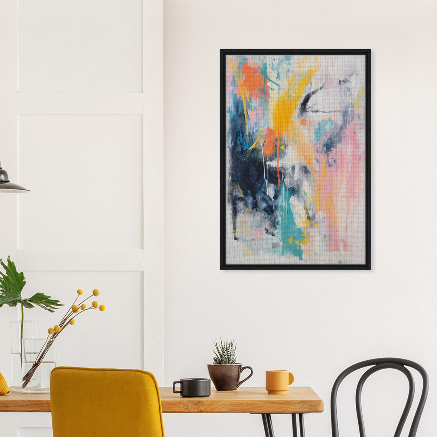 Abstract painting with vibrant splashes in a black frame, Vibrant Color Symphony, framed canvas print