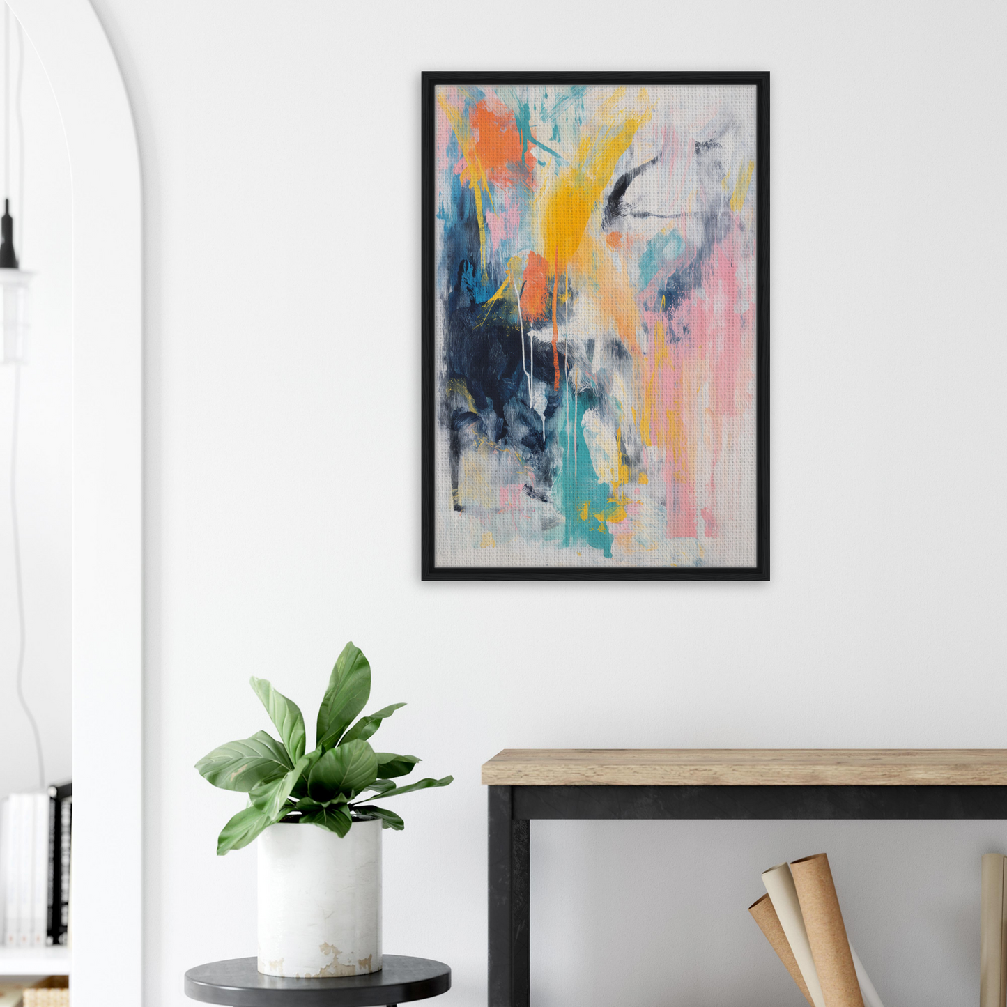 Abstract painting in a black frame featuring vibrant color symphony ideal for room decor